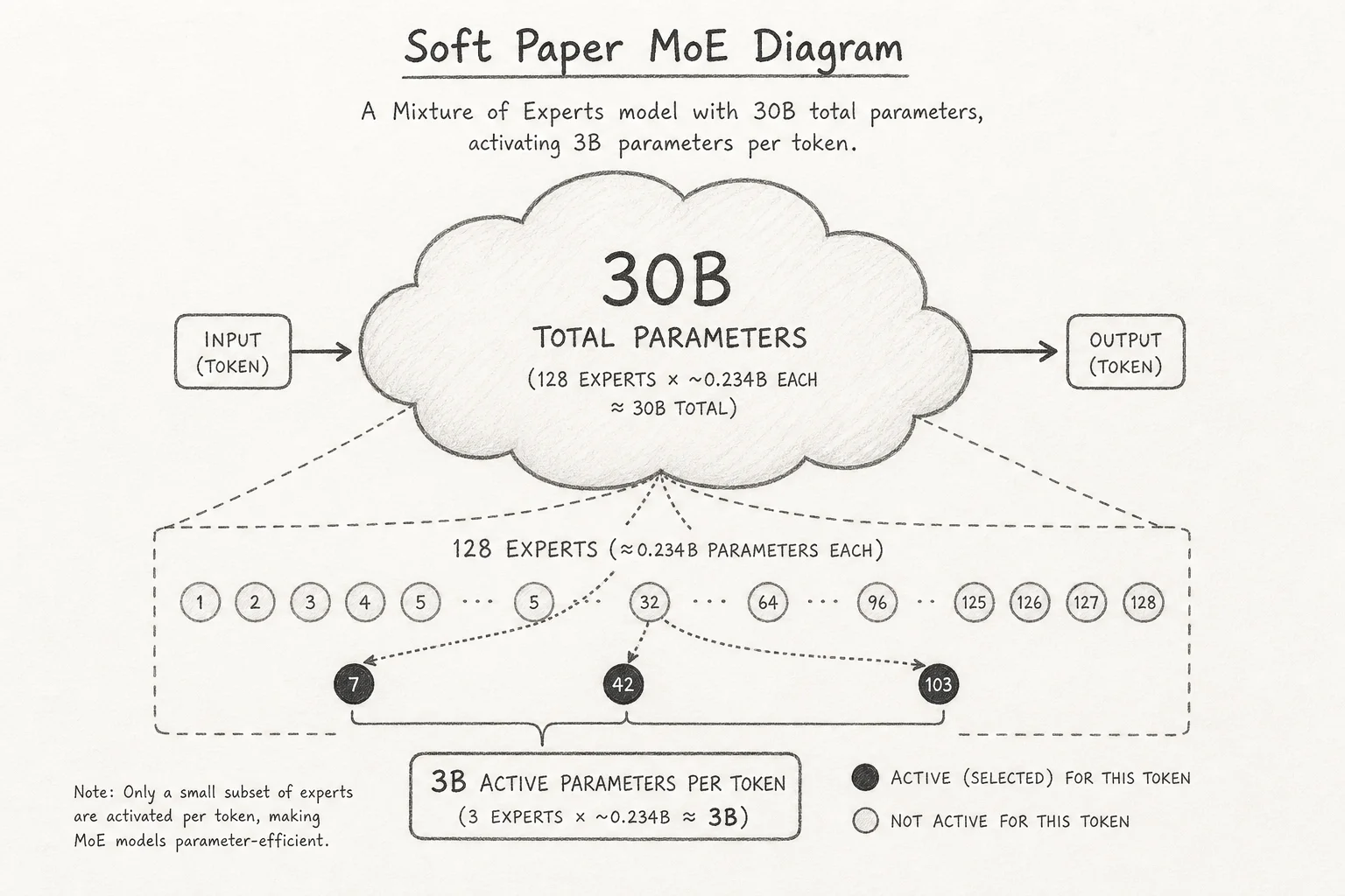 MoE diagram: 30B total parameters with 3B active per token for North Mini Code