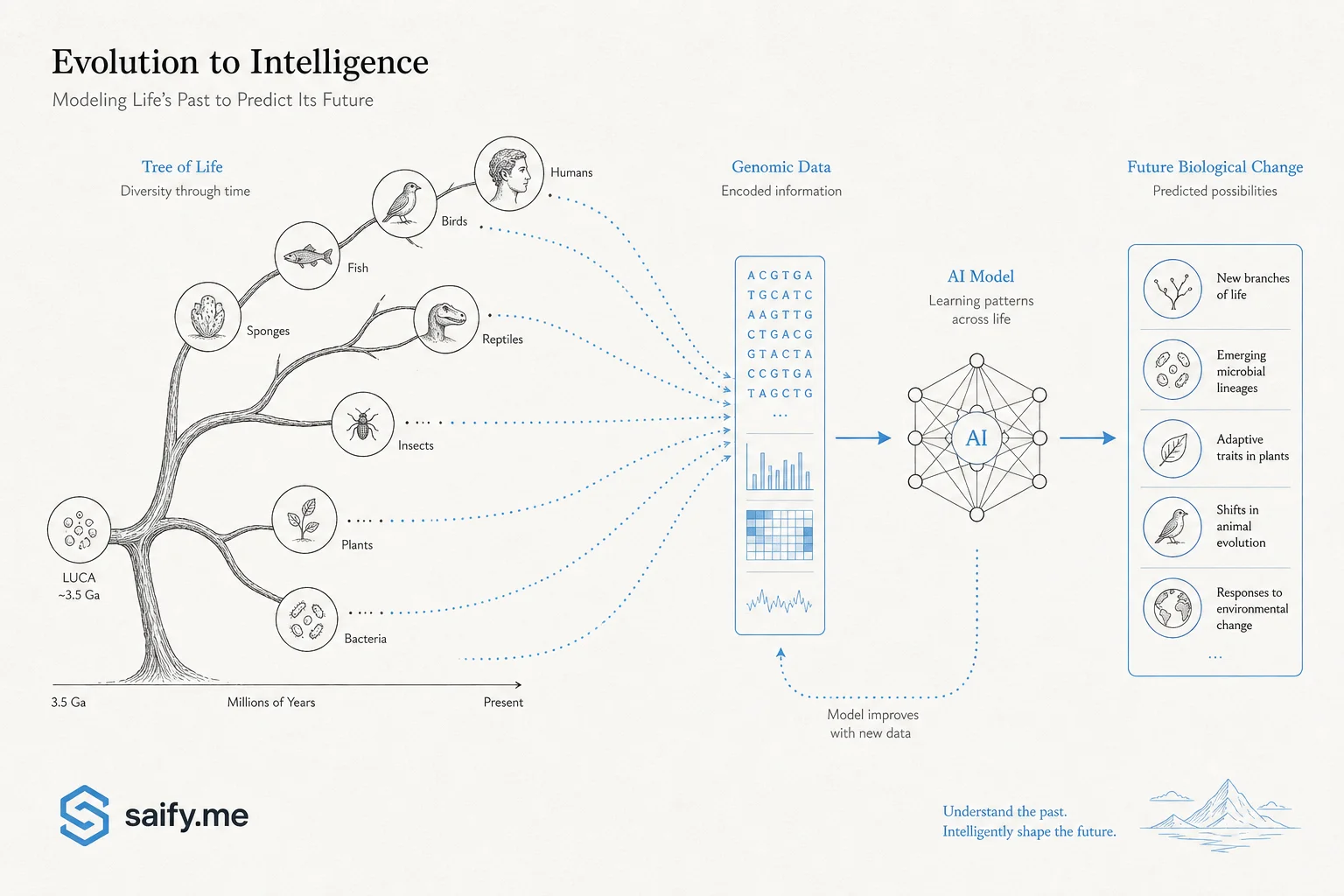 Evolutionary tree diagram with genomic data feeding an AI model that forecasts biological change