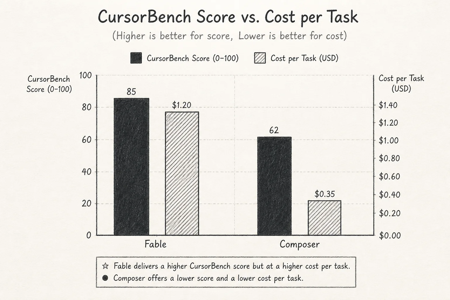 Bar chart comparing CursorBench score versus cost per task for Fable 5 Max and Composer 2.5