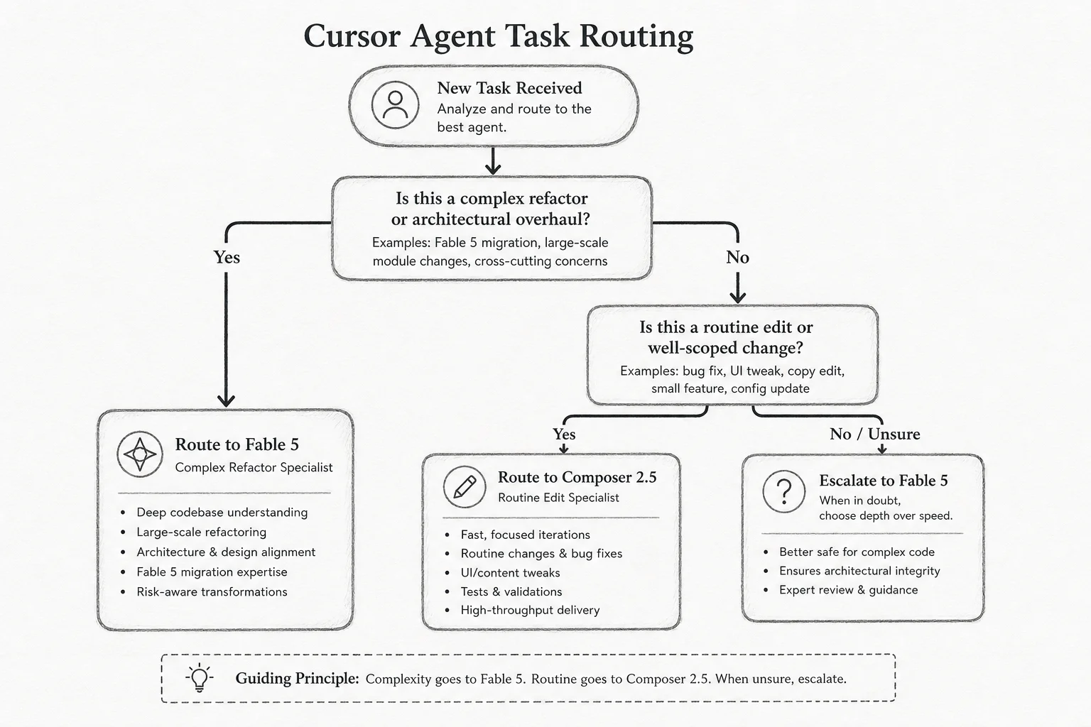 Decision flowchart for routing Cursor agent tasks to Fable 5 versus Composer 2.5 based on complexity and budget