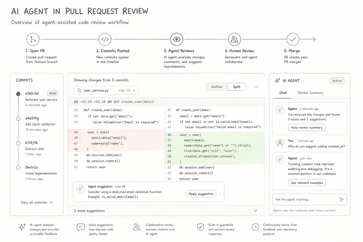 Pull request review workflow with integrated AI agent chat sidebar