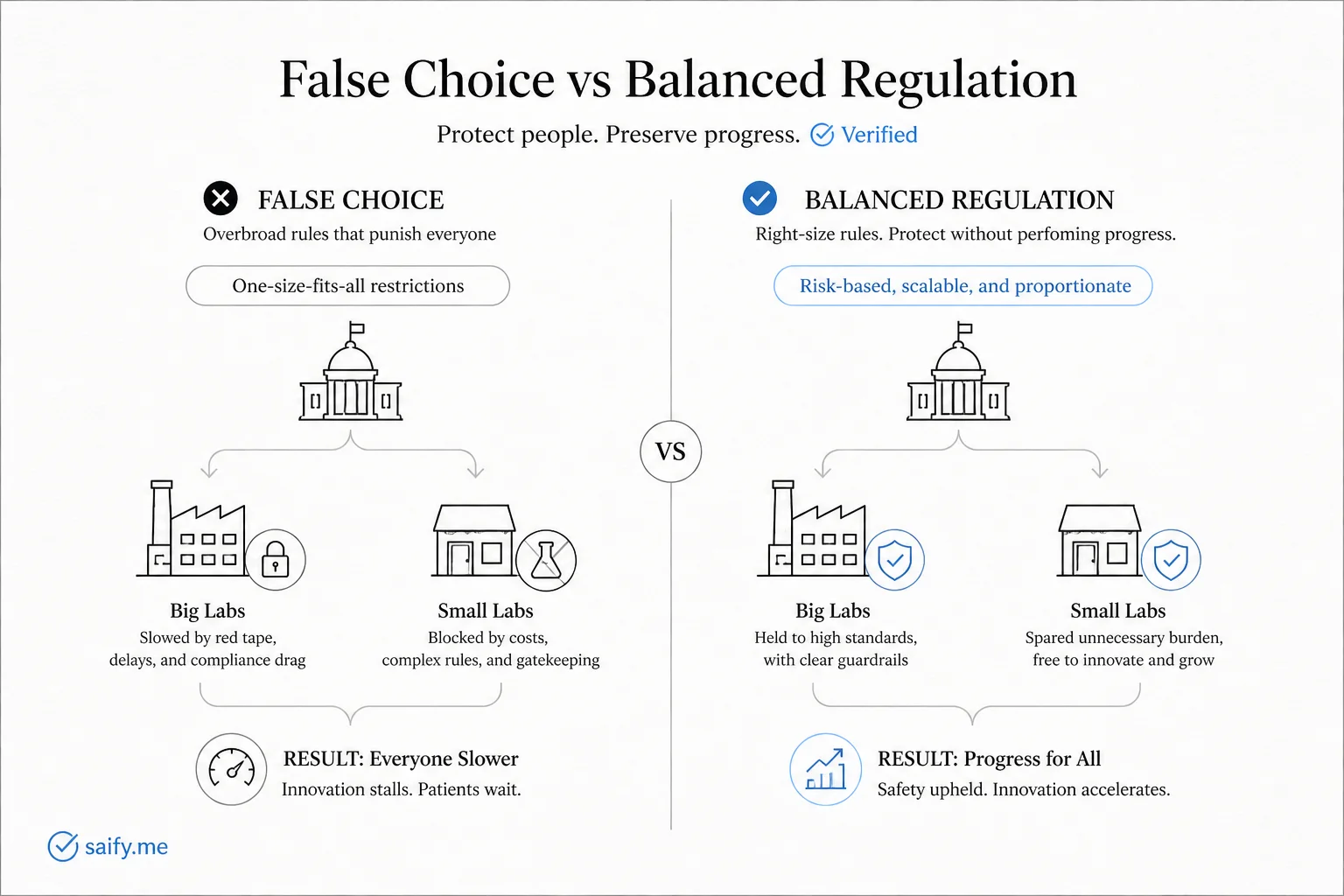 Diagram contrasting false choice between AI lockdown and wide open model release with balanced regulation path