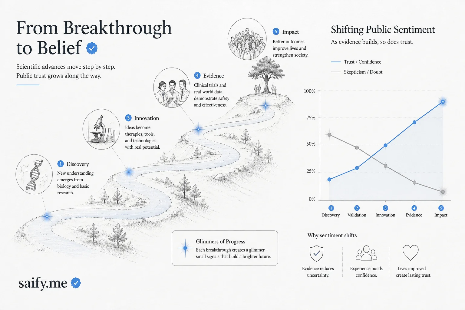 Chart showing public sentiment shifting after tangible medical and biology breakthroughs rather than marketing campaigns