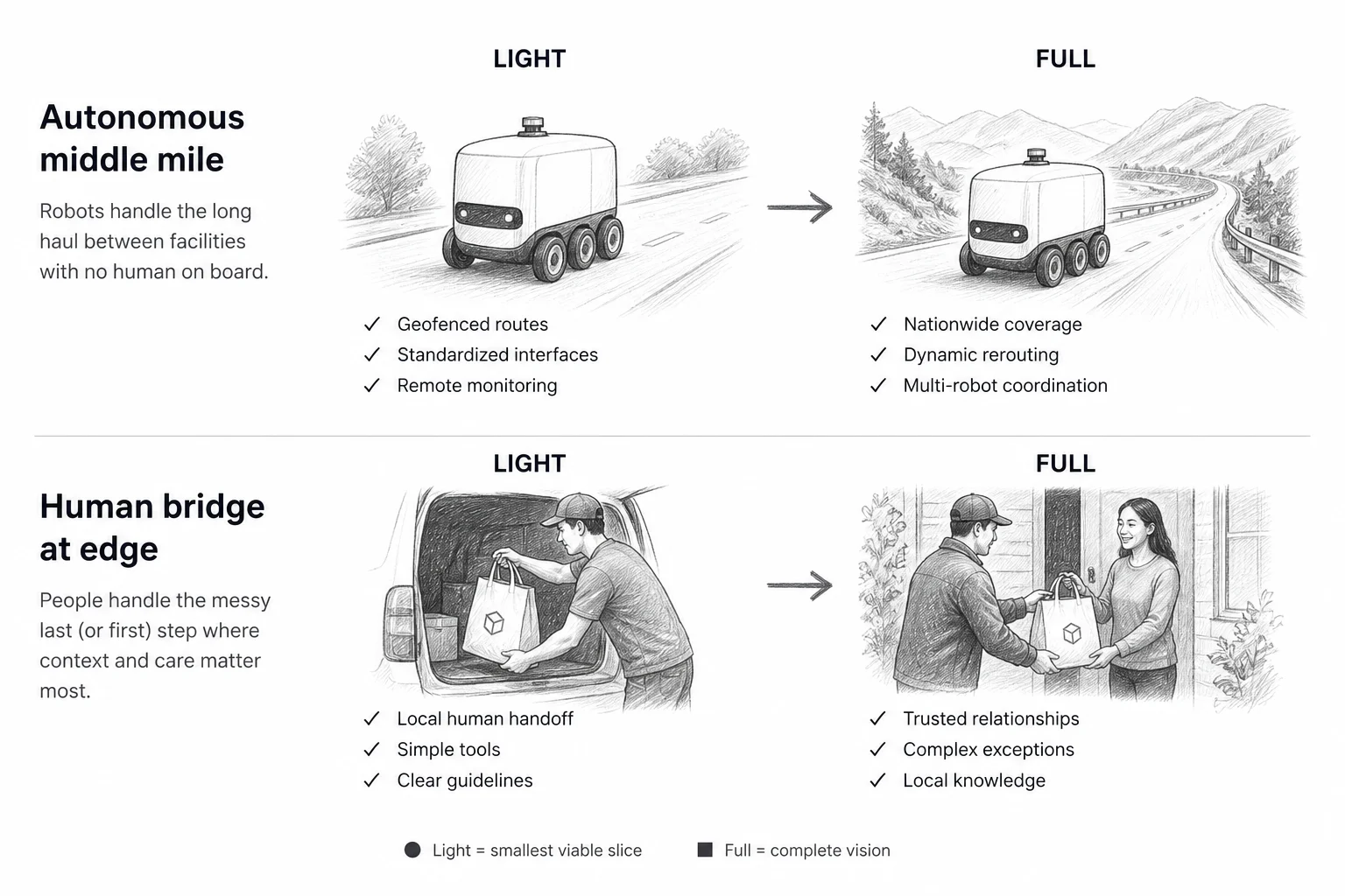 Ops automation lesson: autonomous middle mile versus human handoff at the edge