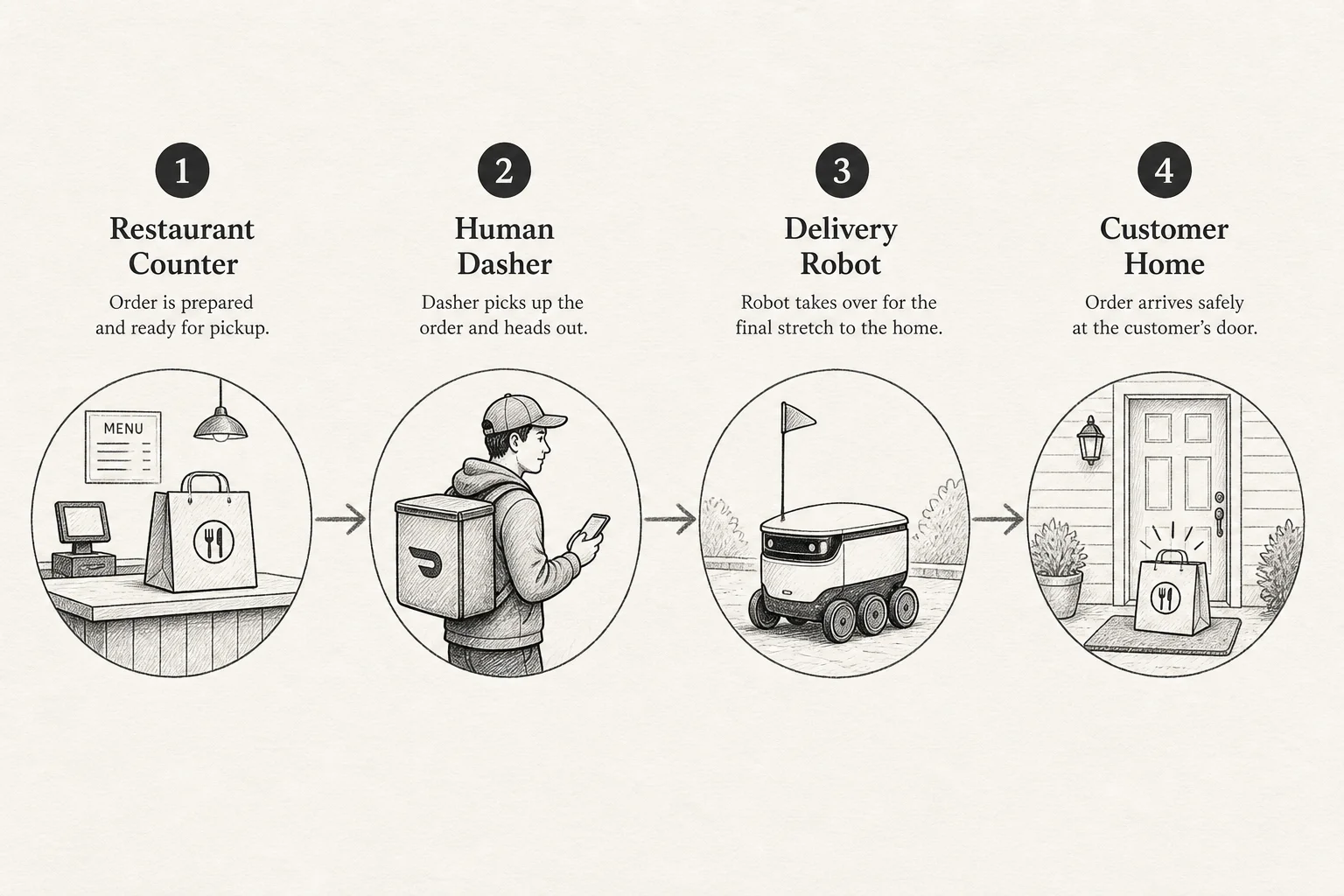 Flow diagram from restaurant counter through human loader to autonomous Dot delivery