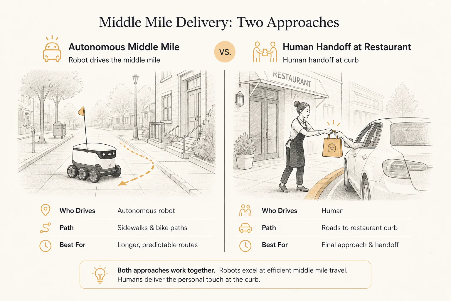 Comparison of autonomous middle-mile delivery versus human handoff at restaurant curb