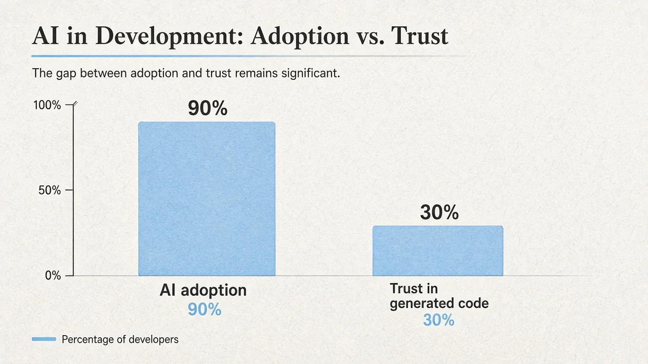Diagram showing AI adoption high while human trust in generated code stays partial