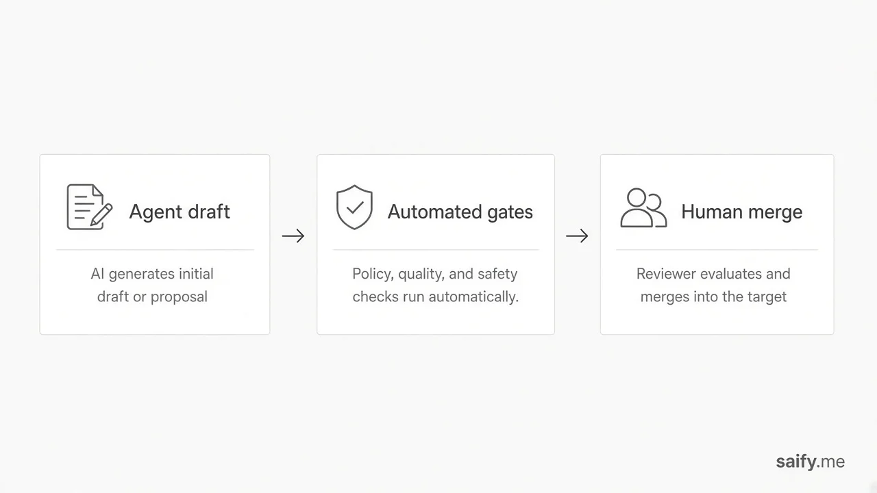 Checklist flow from agent draft through automated gates to human merge decision