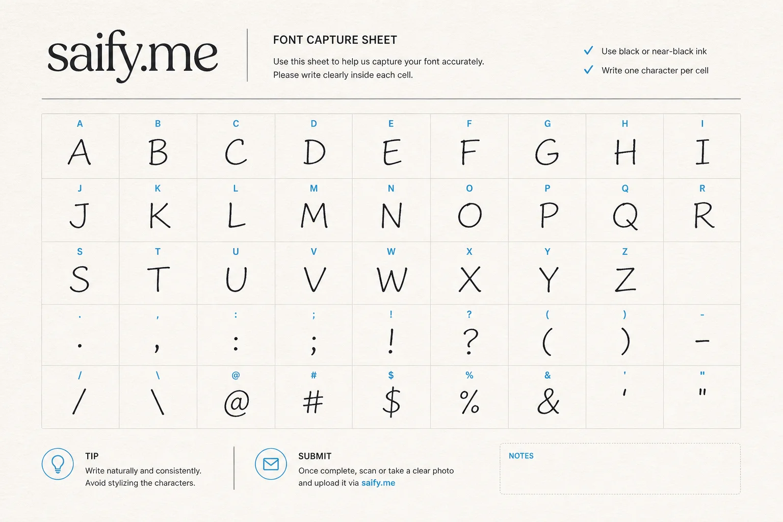Sample alphabet capture sheet grid for handwriting font generation with A through Z and punctuation cells