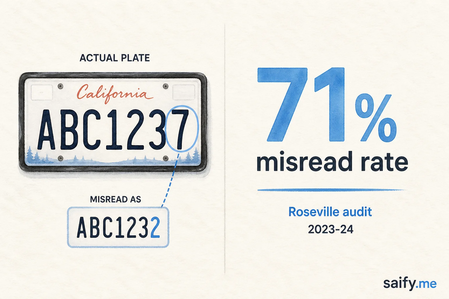 Comparison showing a license plate misread where digit 7 was interpreted as 2, with 71% misread rate from Roseville audit