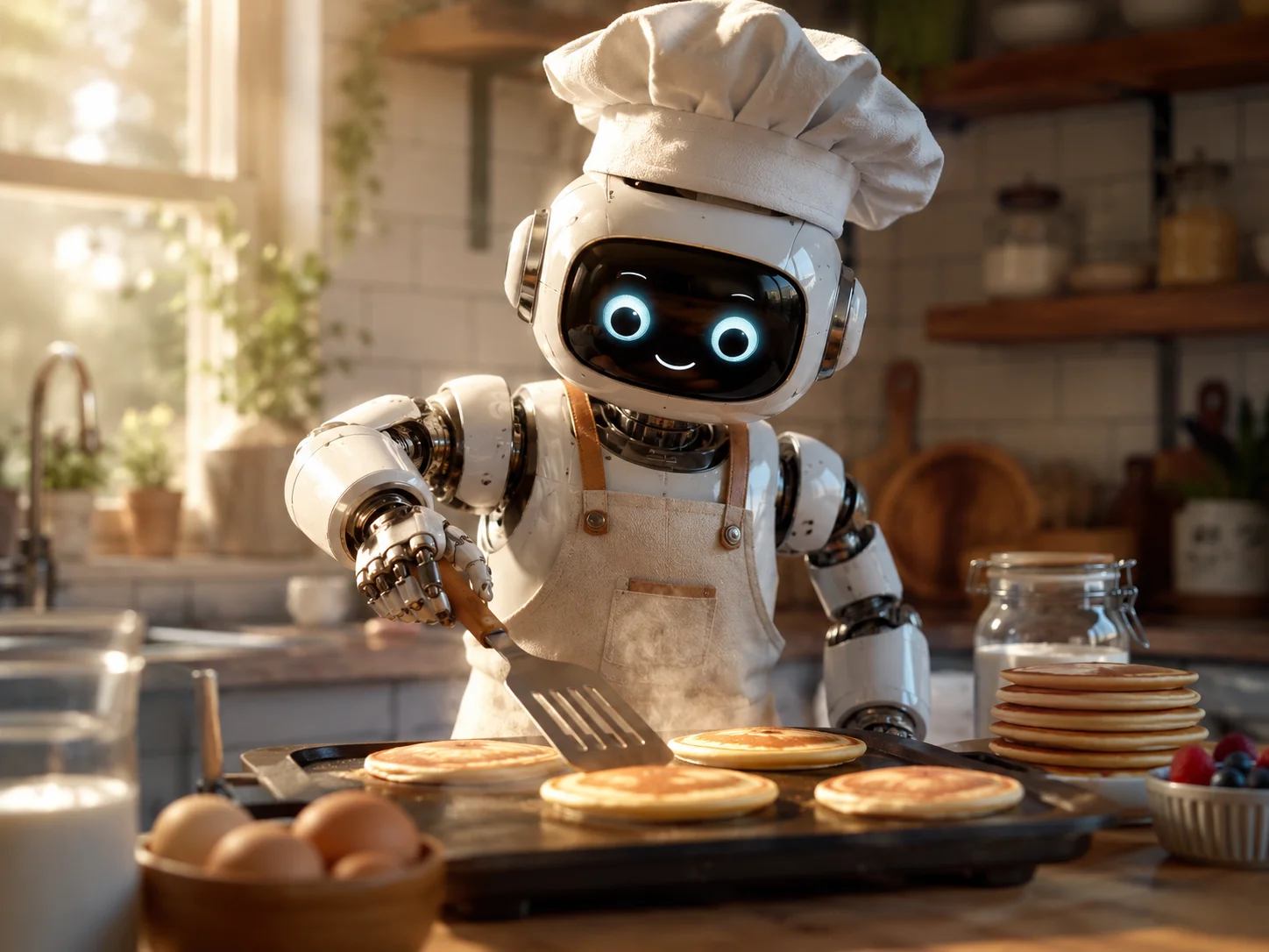 AI generated image of a cute robot cooking breakfast in a kitchen