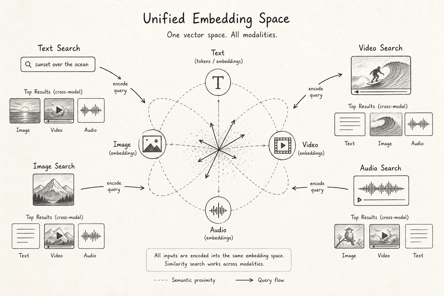 Single unified embedding space connecting text, image, video, and audio queries to mixed media results