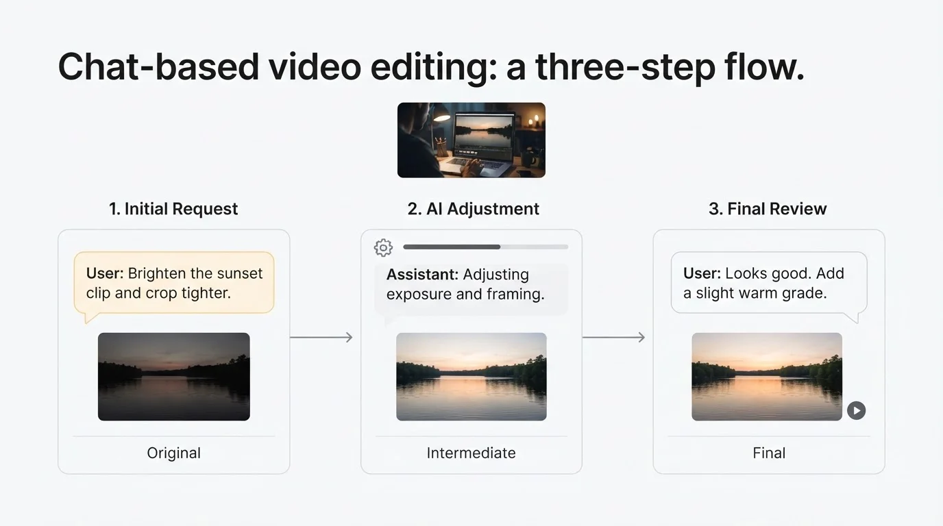 Three conversational edit turns reshaping one video clip while keeping scene memory