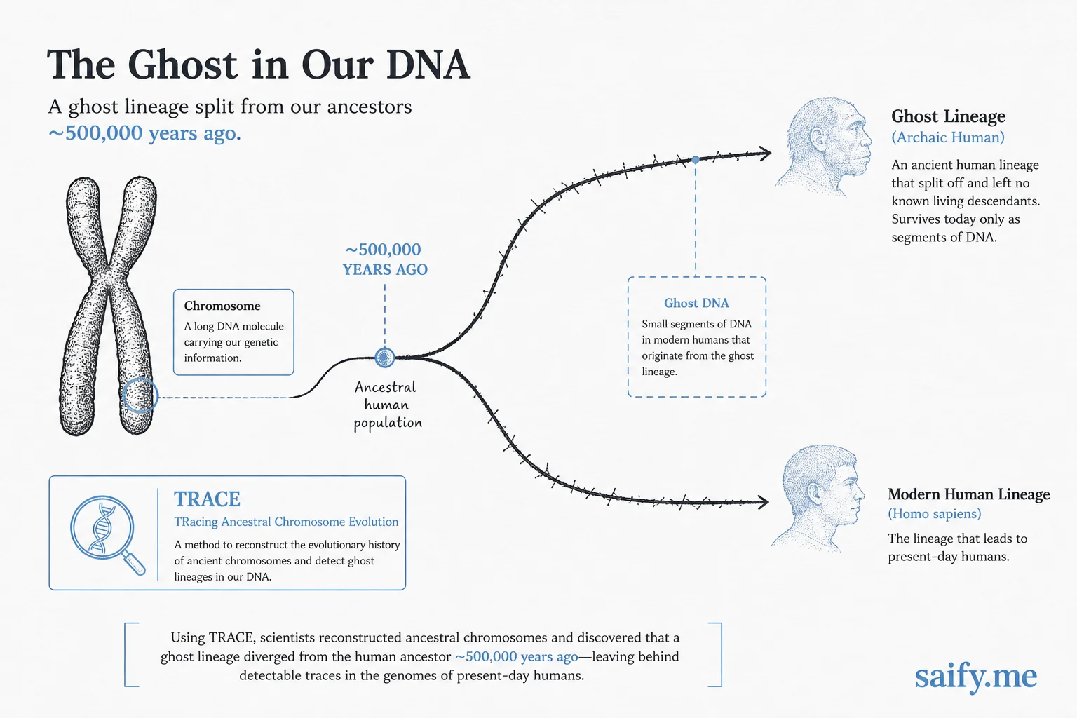 Diagram of a chromosome genealogical tree with a long archaic branch representing ghost lineage divergence over 500,000 years ago