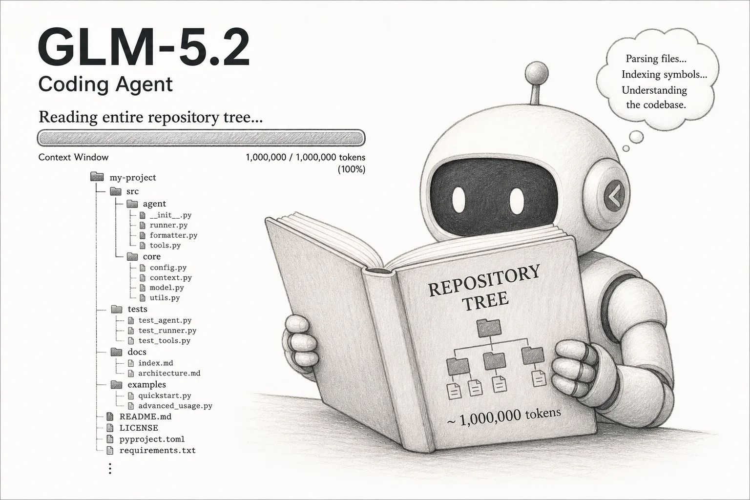 Soft Paper illustration of a coding agent ingesting a full repository with GLM-5.2 1M context window
