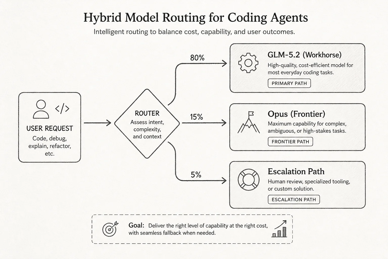 Hybrid routing diagram: GLM-5.2 handles 80 percent of scoped coding tasks, frontier models reserved for architecture and failed escalations
