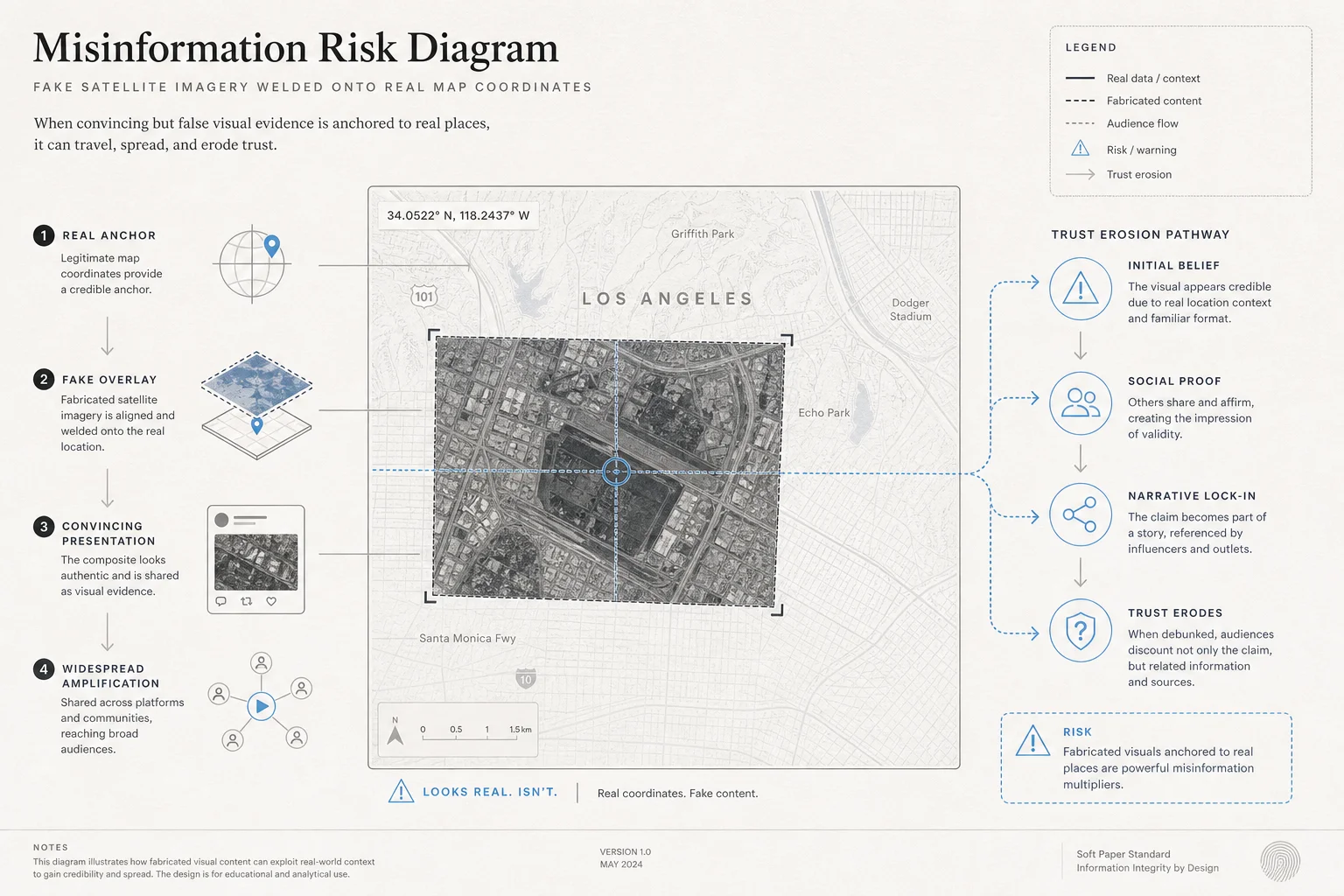Diagram showing fake imagery overlaid on real map coordinates and inheriting map credibility
