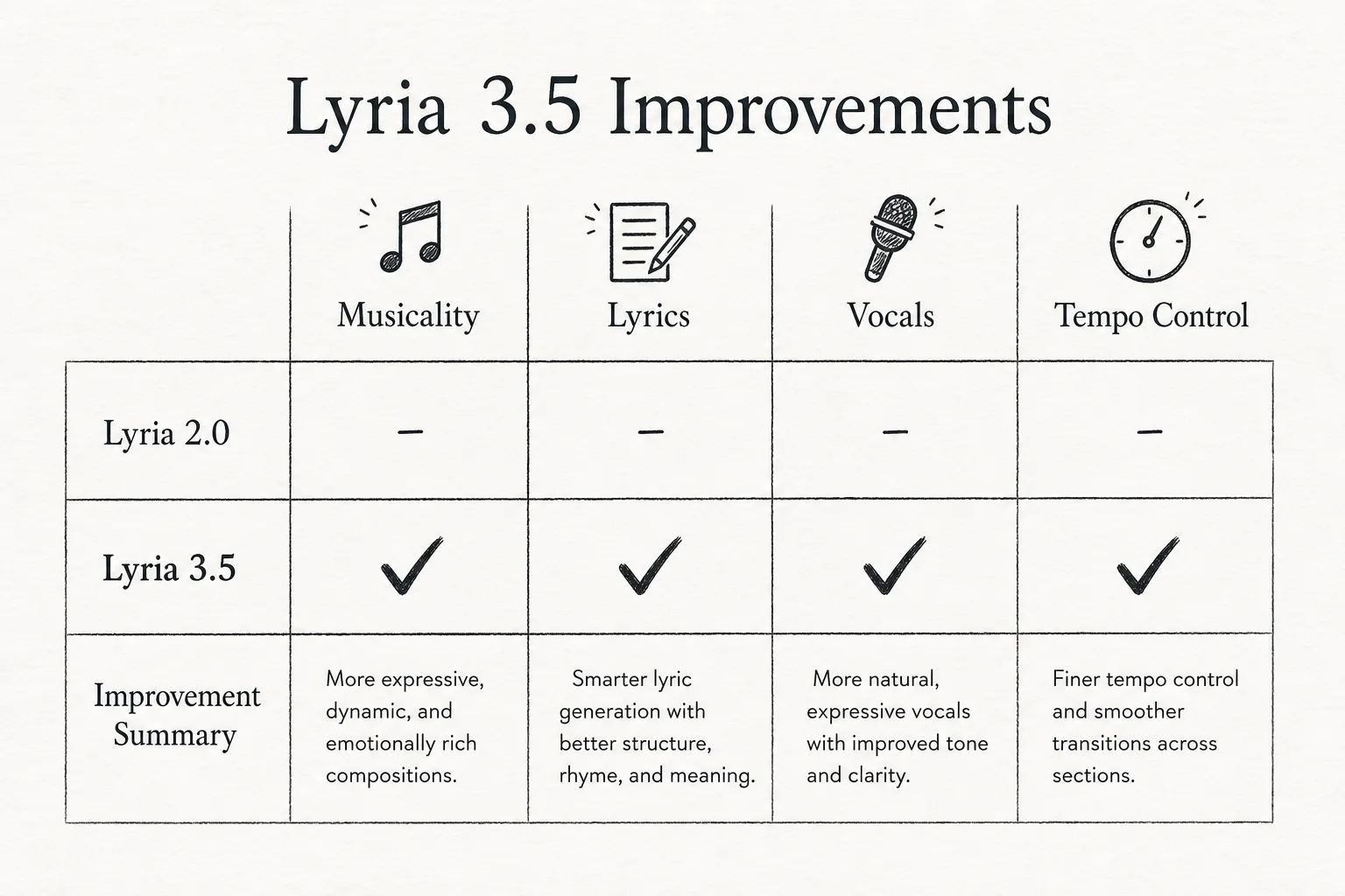 Comparison grid of Lyria 3.5 improvements across musicality, lyrics, vocals, and tempo control