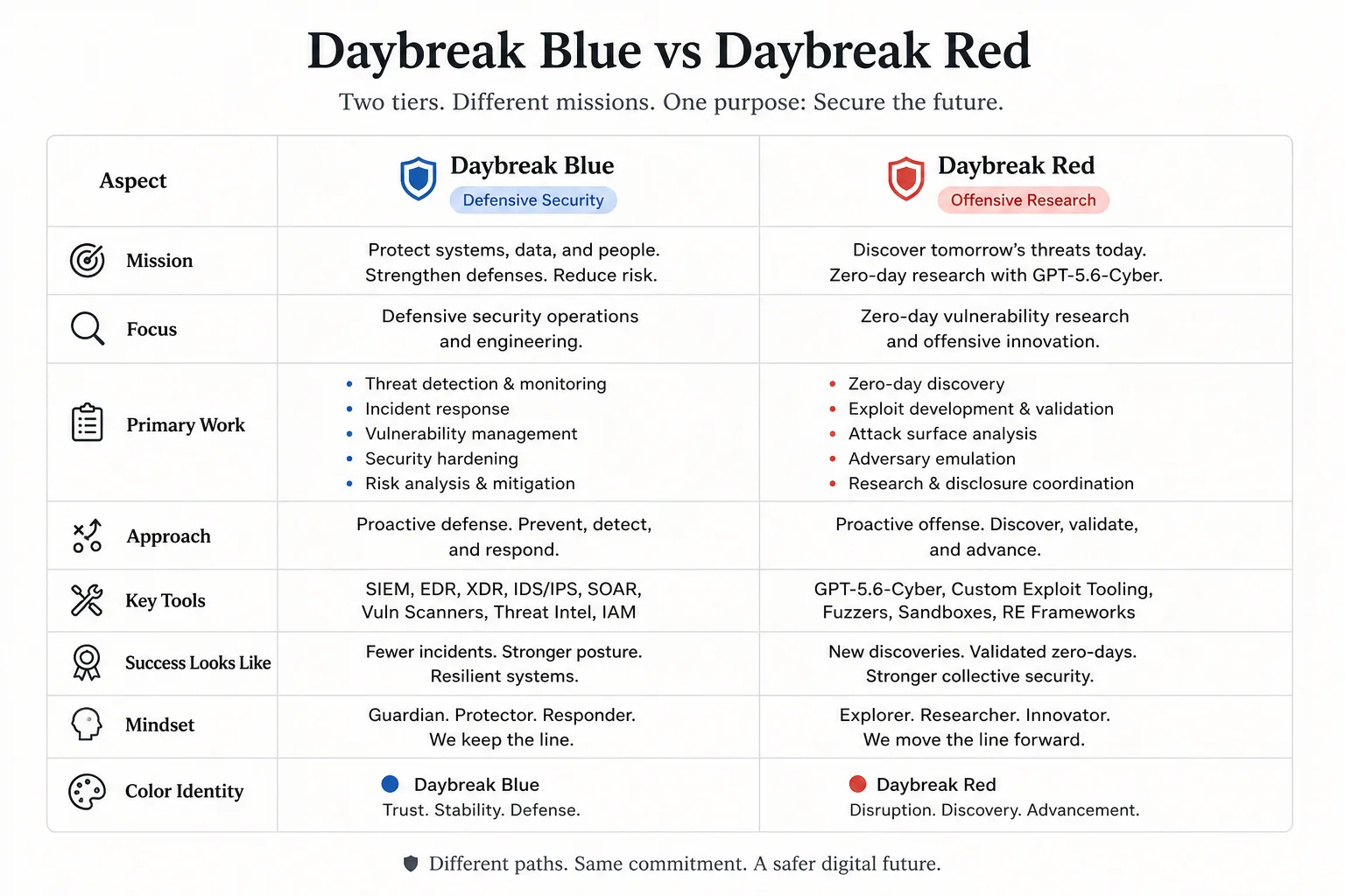 Comparison diagram of Daybreak Blue defensive tier versus Daybreak Red offensive research tier