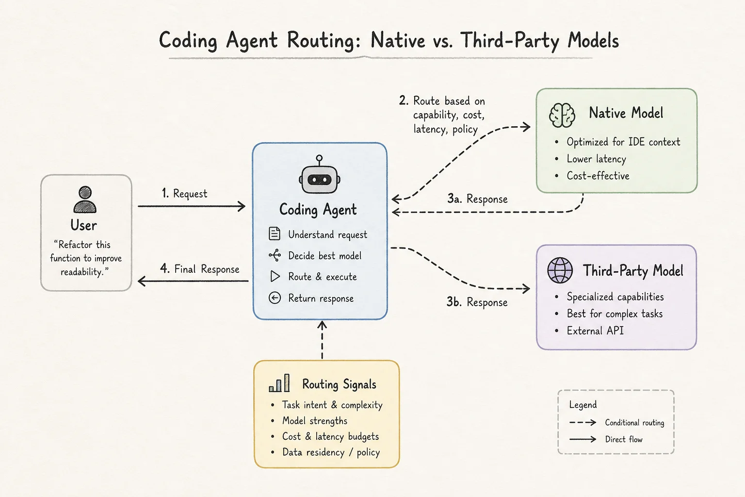Diagram of terminal coding agent routing between native and third-party models