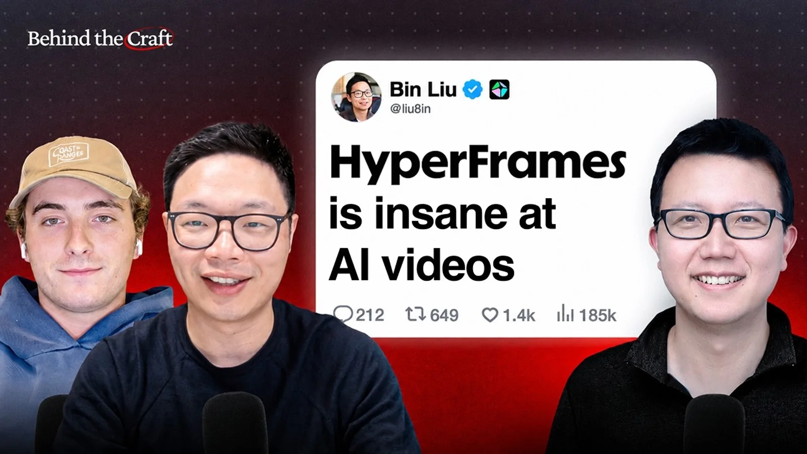 HyperFrames tutorial thumbnail featuring Bin Liu and Jake Moran discussing launch video workflows