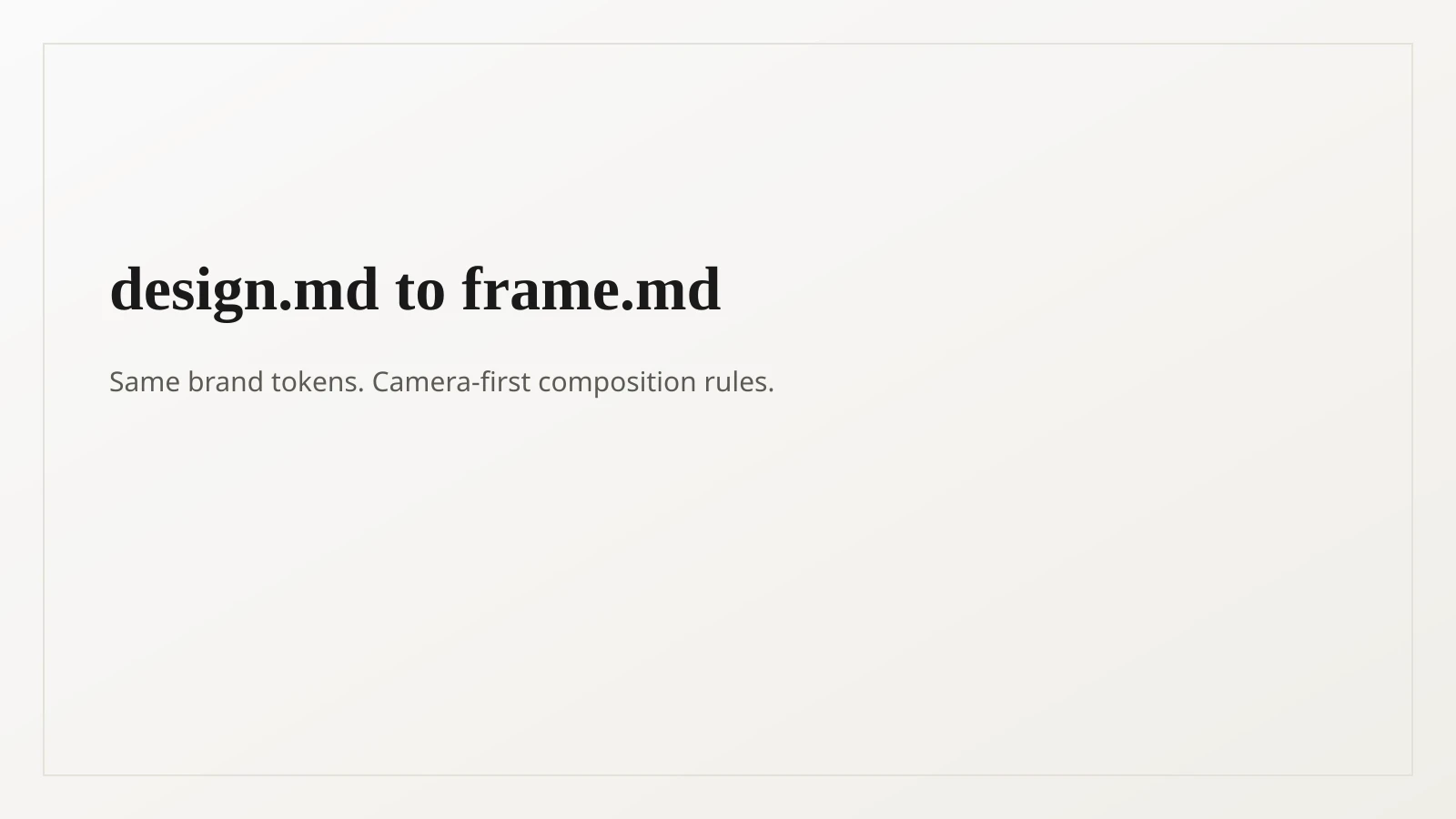Soft Paper diagram showing design.md translating into frame.md for camera-first composition
