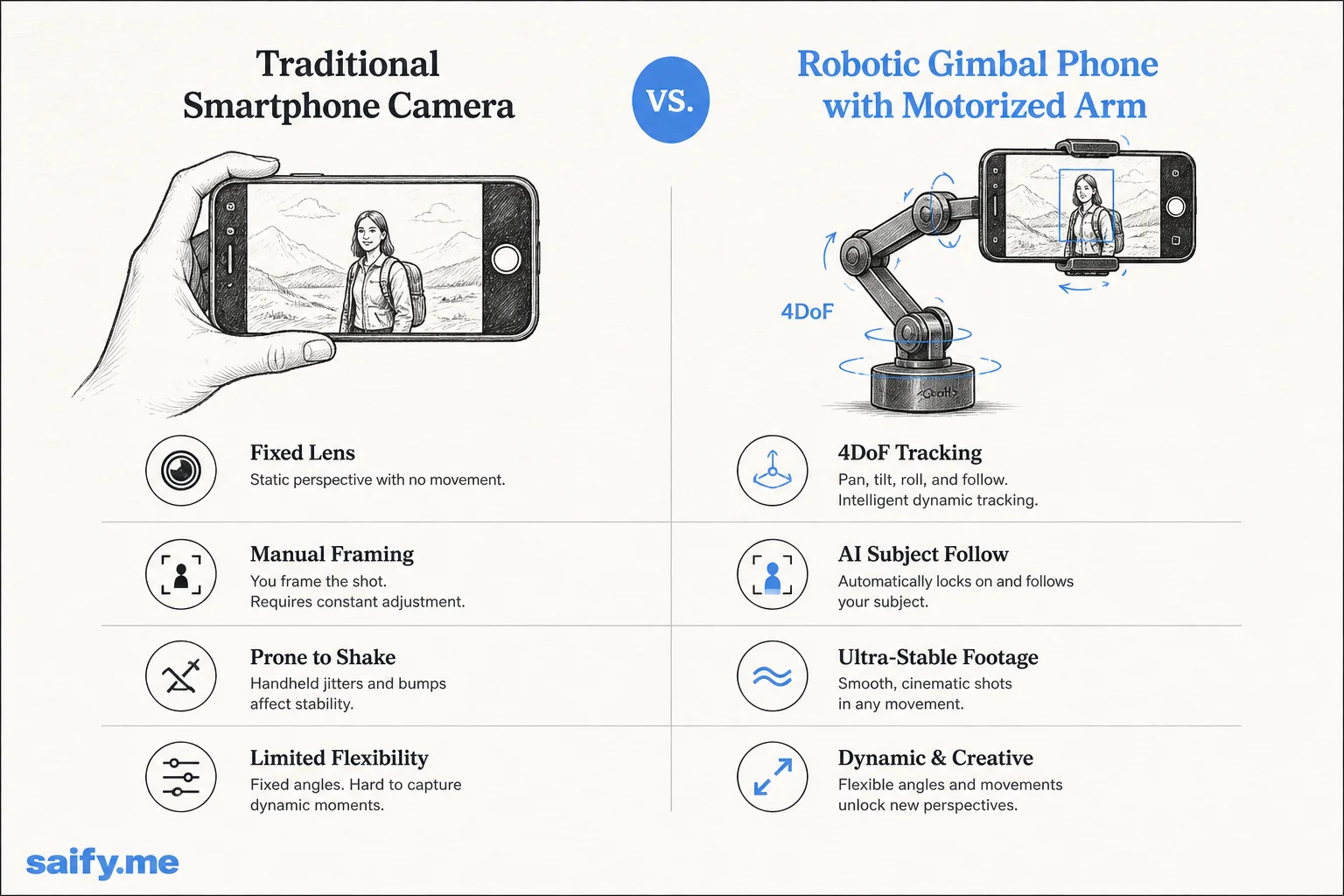 Comparison of fixed smartphone camera versus robotic gimbal phone with AI tracking capabilities