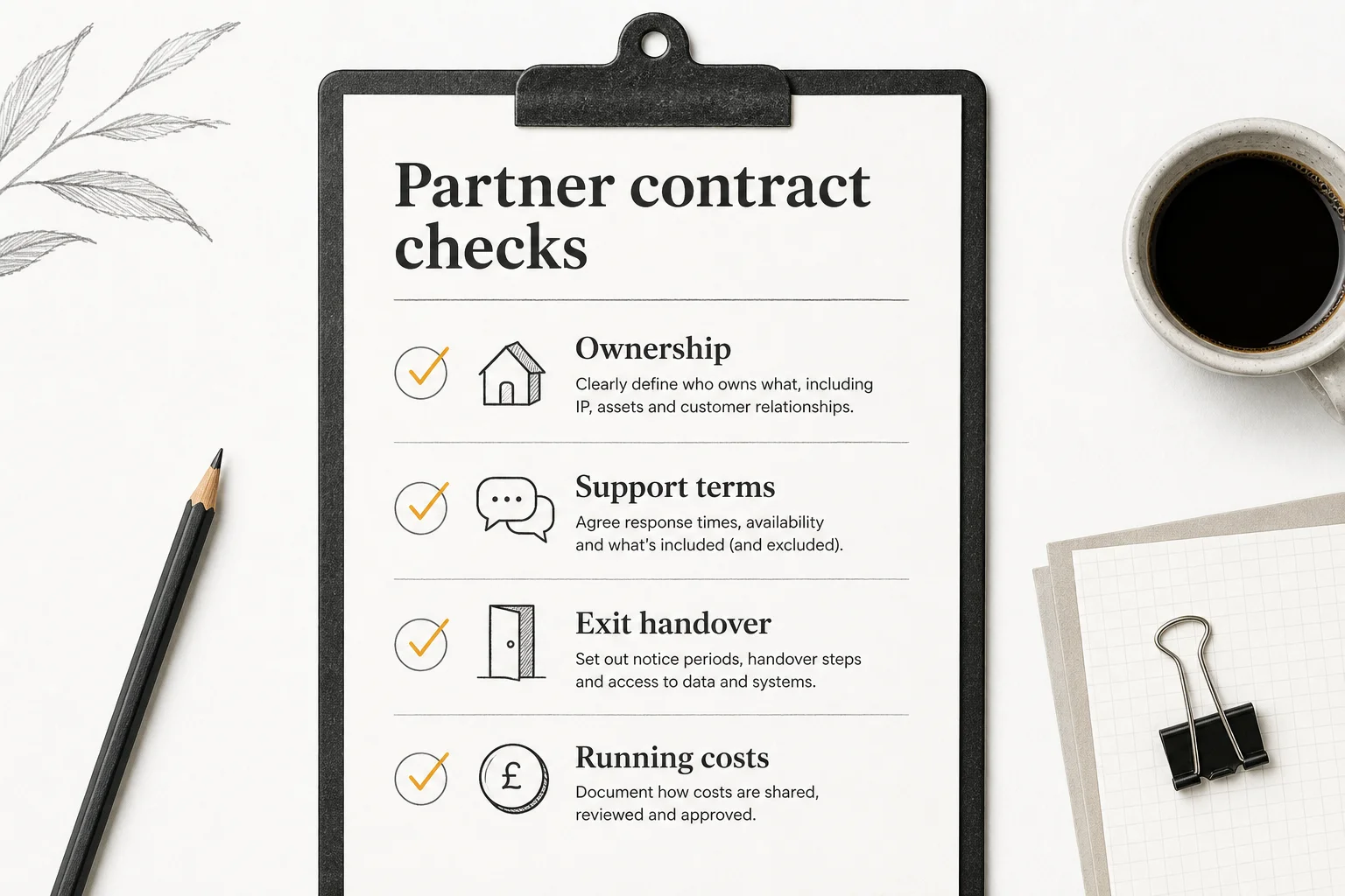 Checklist graphic for AI partner contracts covering ownership, support, and exit terms