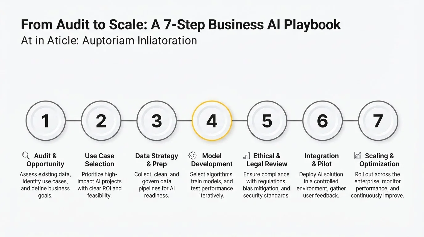 Seven-step 2026 AI implementation playbook from audit through pilot and scale