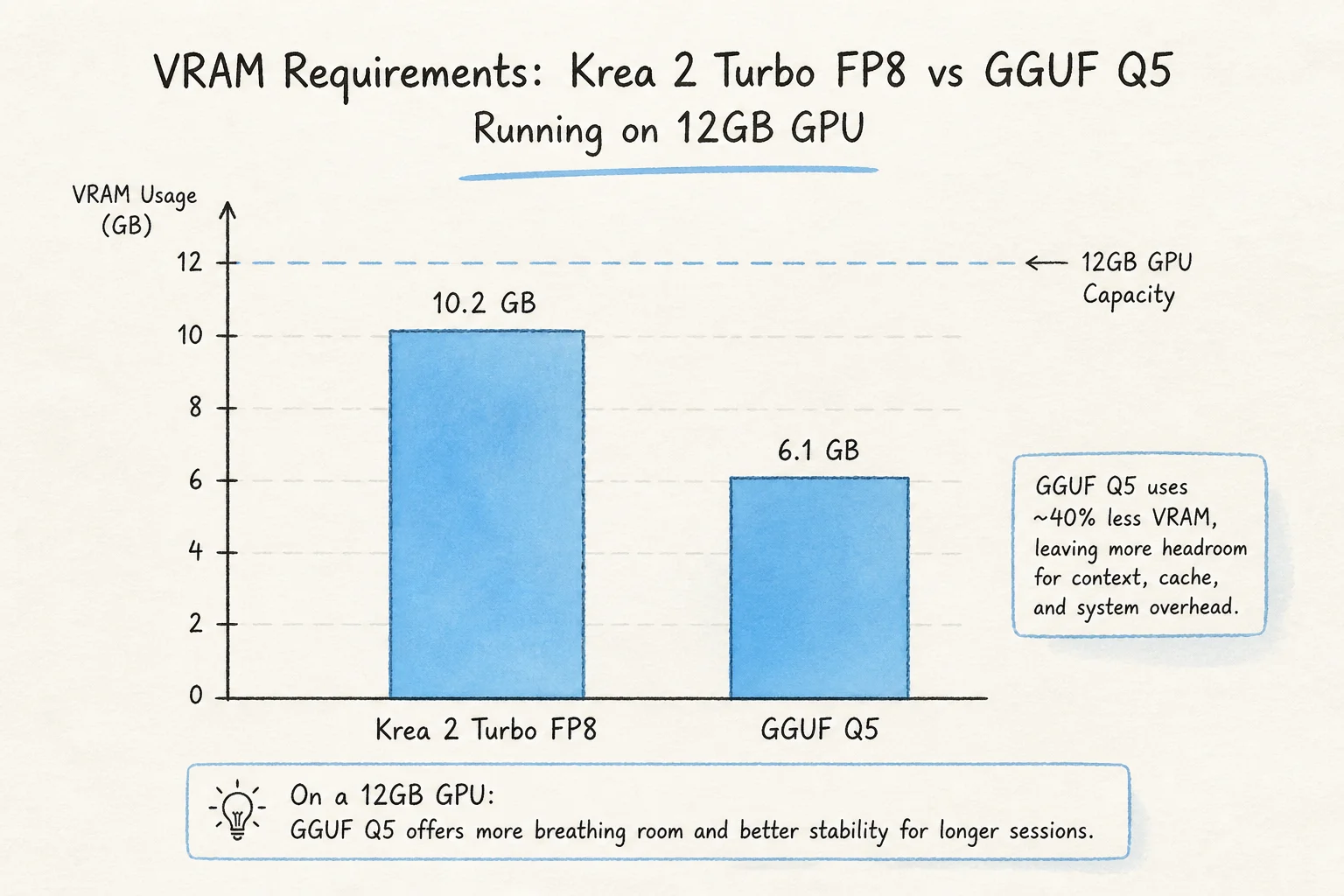 VRAM requirements chart comparing Krea 2 FP8 versus GGUF quant tiers on consumer GPUs