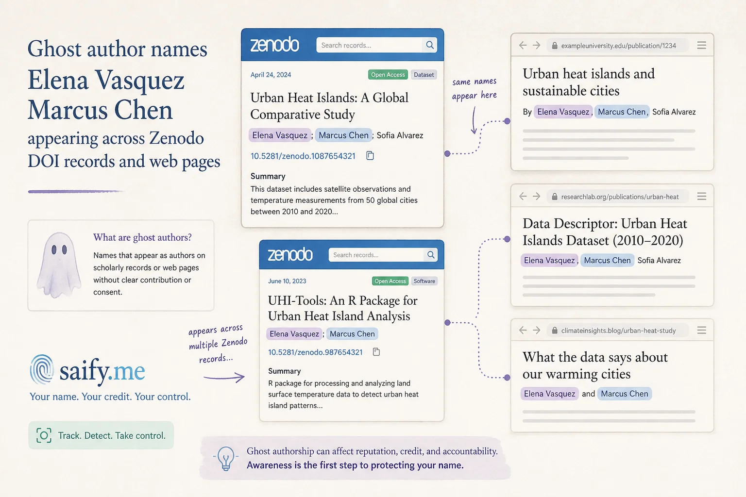 Diagram showing ghost author names propagating from LLM outputs into Zenodo DOI records and academic aggregators