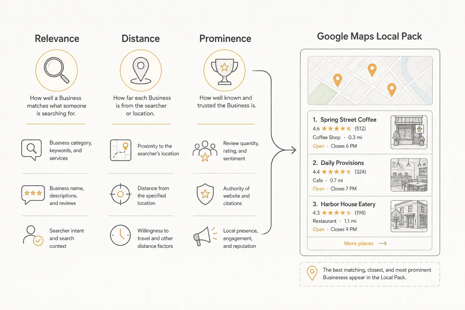 Soft Paper diagram of Google Maps local pack factors: relevance, distance, and prominence with GBP and website inputs