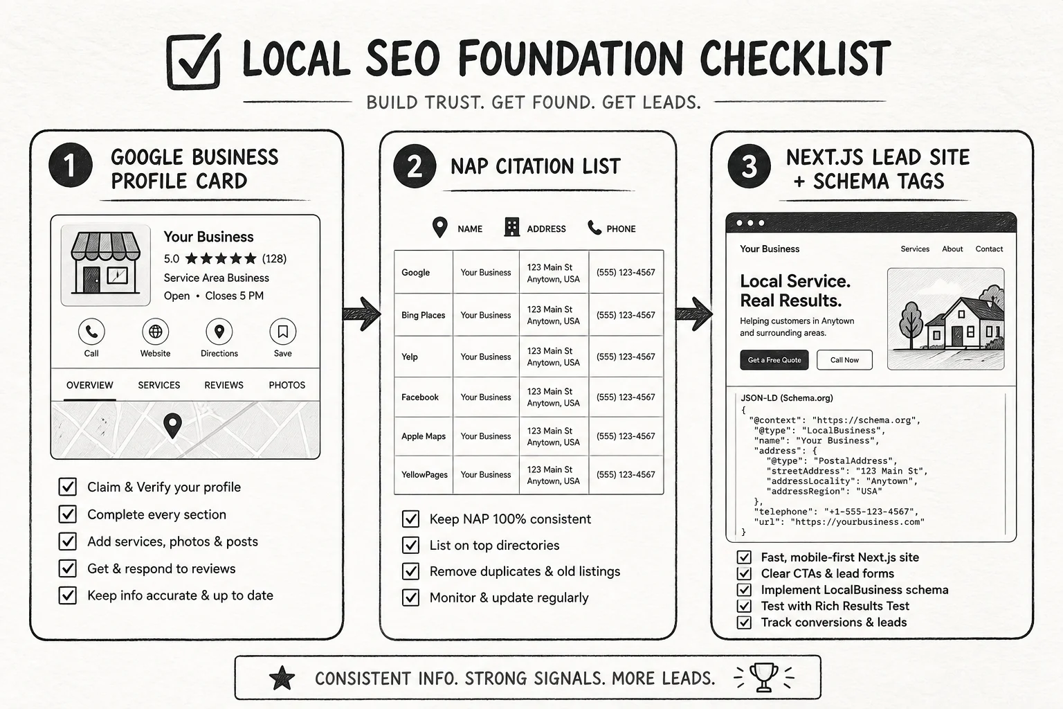 Soft Paper checklist graphic connecting Google Business Profile, consistent NAP citations, and a fast Next.js lead site with LocalBusiness schema