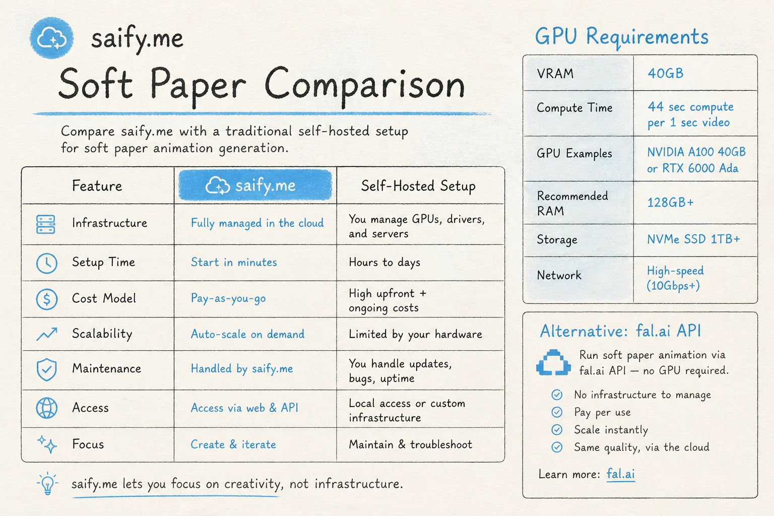Comparison of LongCat self-host GPU requirements versus fal.ai API offload option