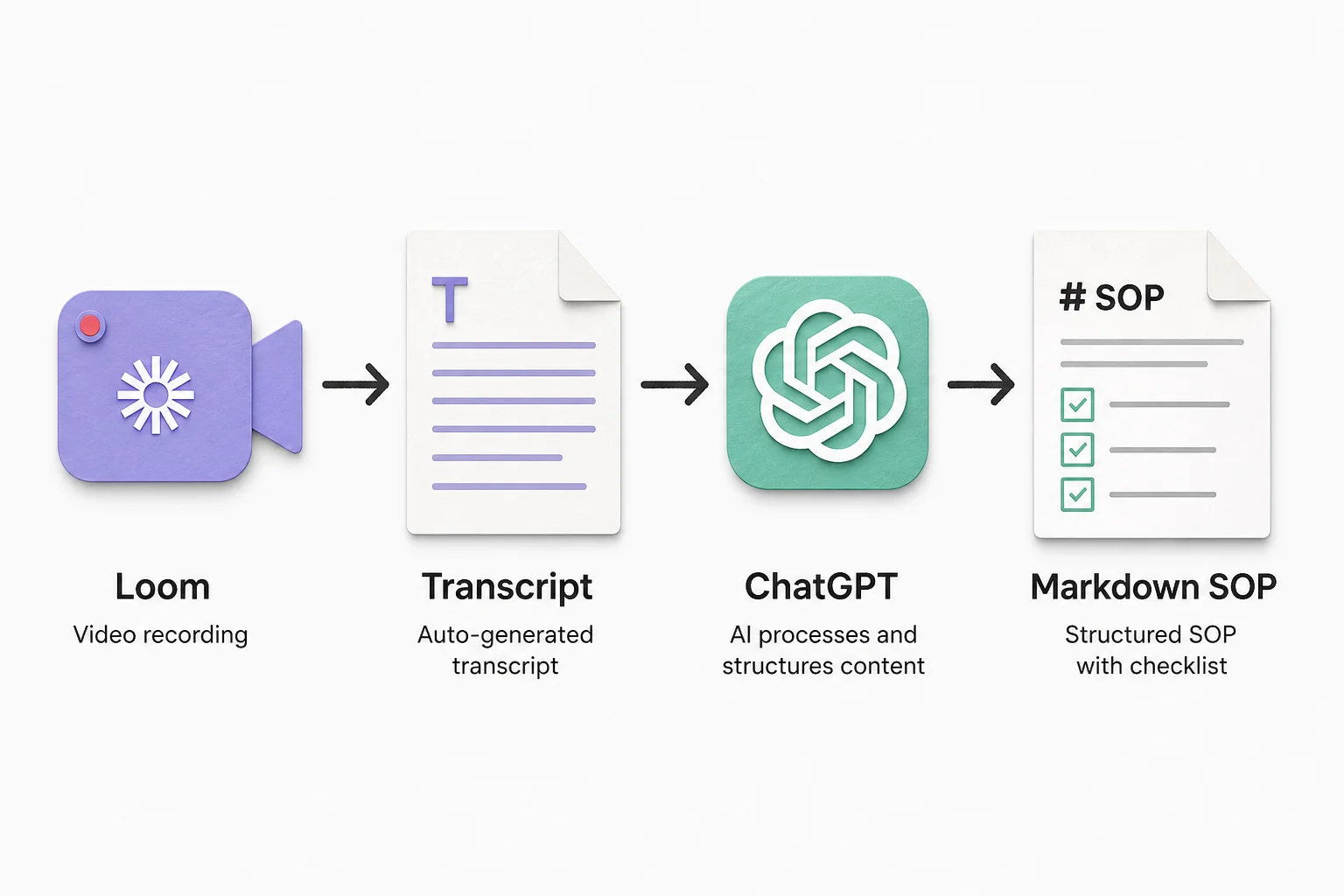 Pipeline diagram from Loom recording to cleaned transcript to ChatGPT Markdown SOP to Google Doc or Notion