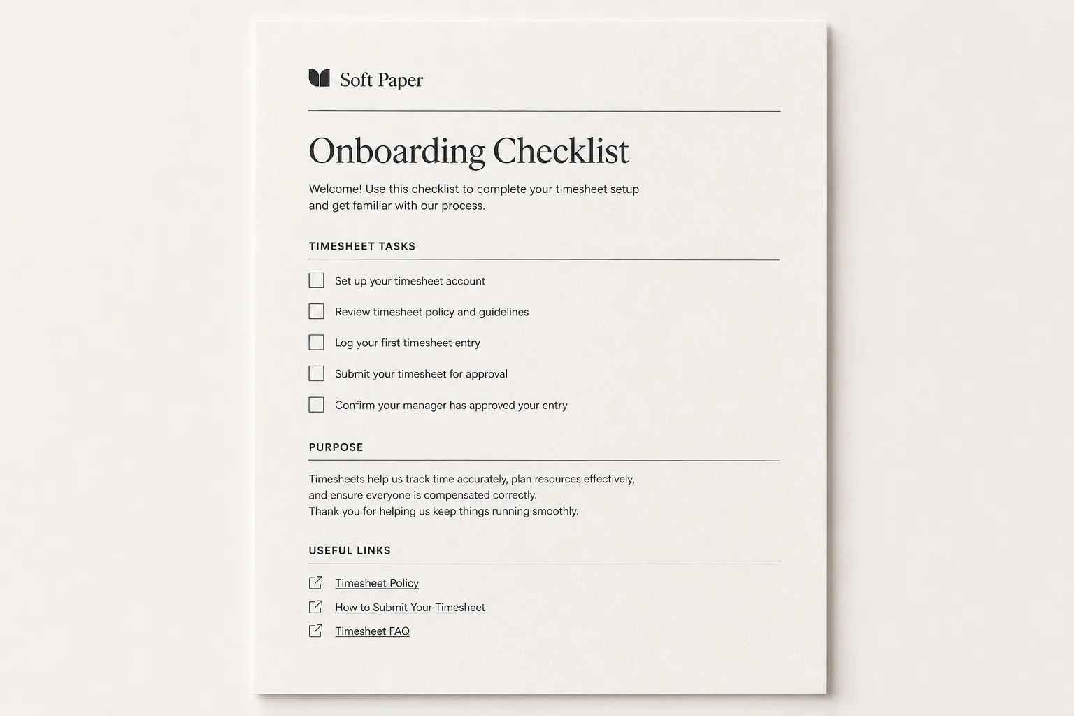 Sample SOP checklist section with tick boxes for onboarding tasks