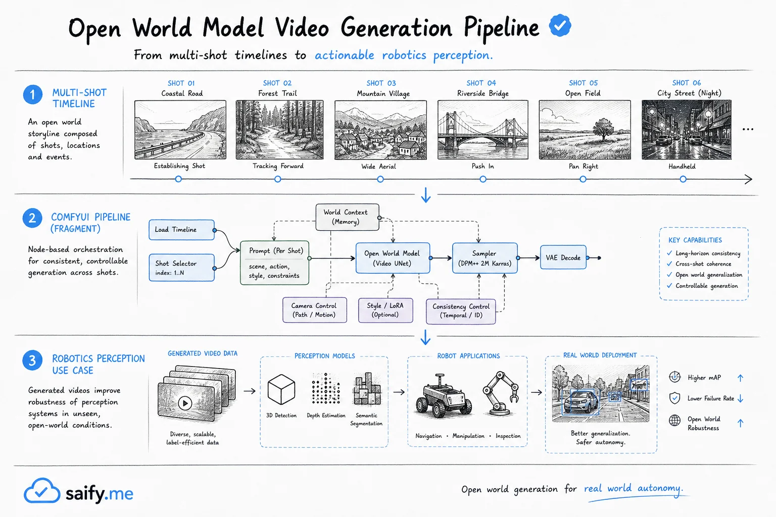 Pipeline diagram for LTX-2.5 open world model showing multishot video generation, ComfyUI workflow, and robotics perception use case