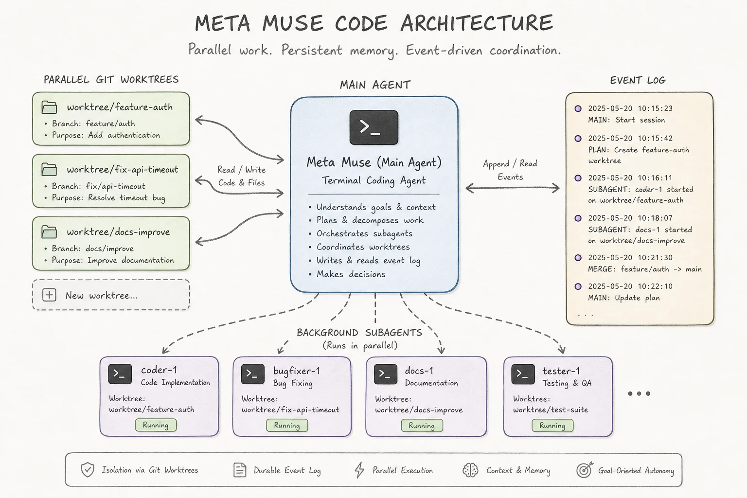 Muse Code architecture: main agent, parallel git worktrees, persistent background subagents, and event log
