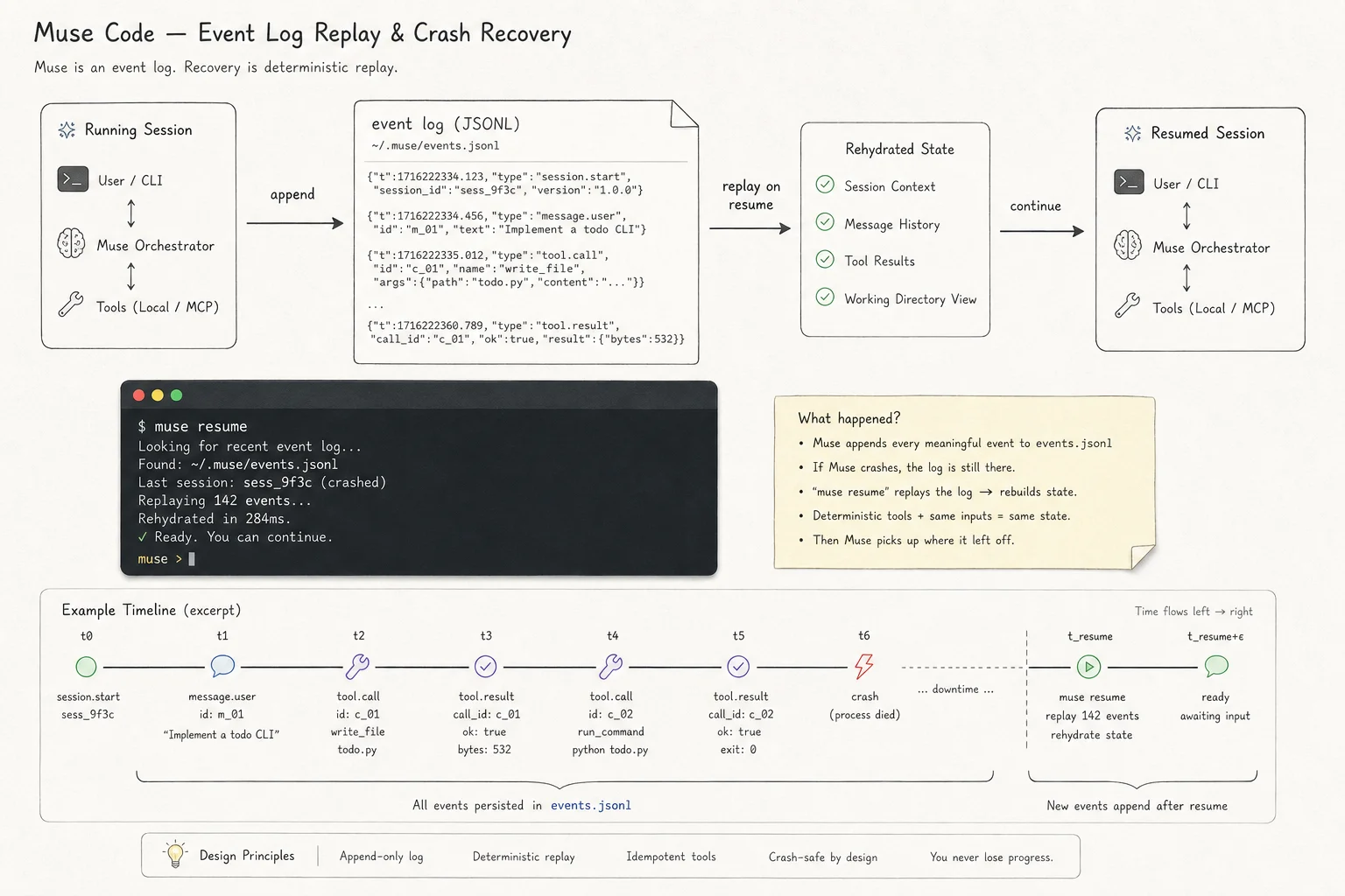 Muse Code JSONL event log enabling muse resume after session crash