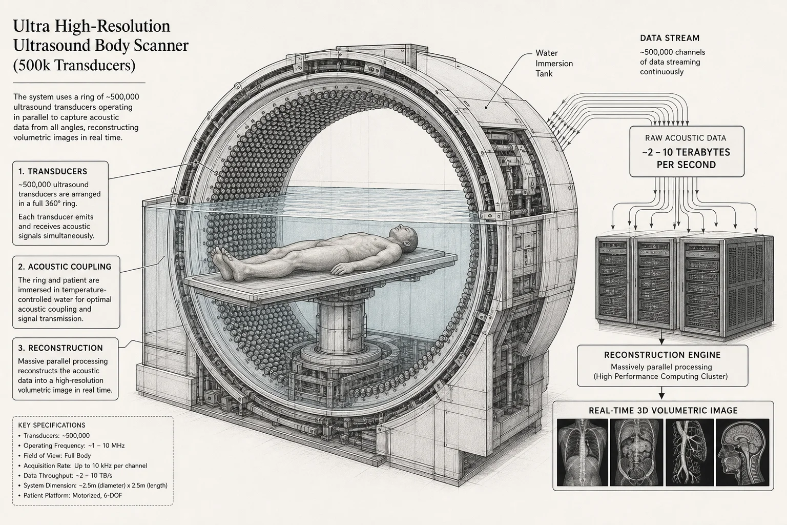 Cross-section diagram of Midjourney ultrasound scanner with transducer ring, water tank, and data reconstruction flow