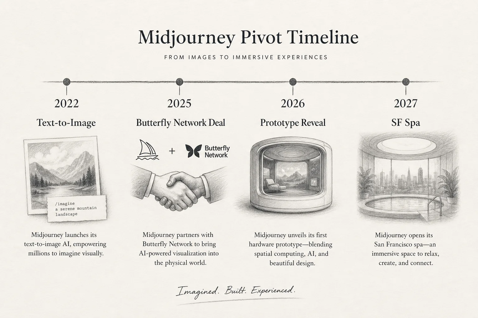 Timeline of Midjourney pivot from AI image generation to medical hardware and planned 2027 spa launch