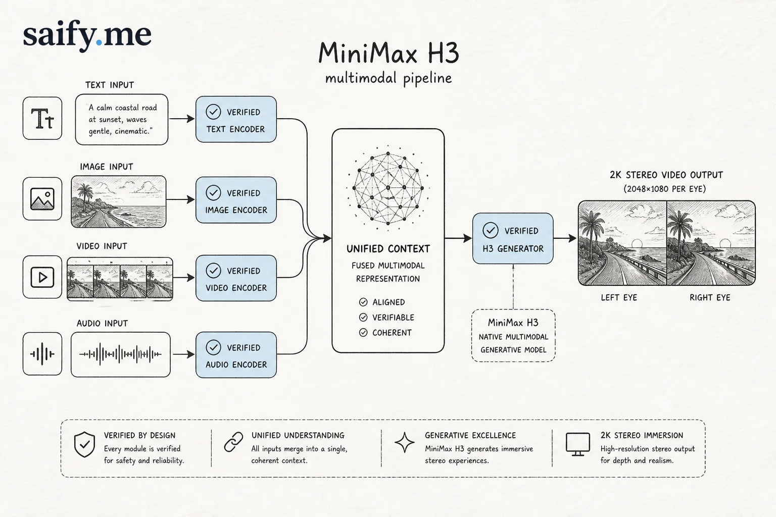 MiniMax H3 multimodal pipeline diagram showing text image video audio inputs unified into 2K stereo video output
