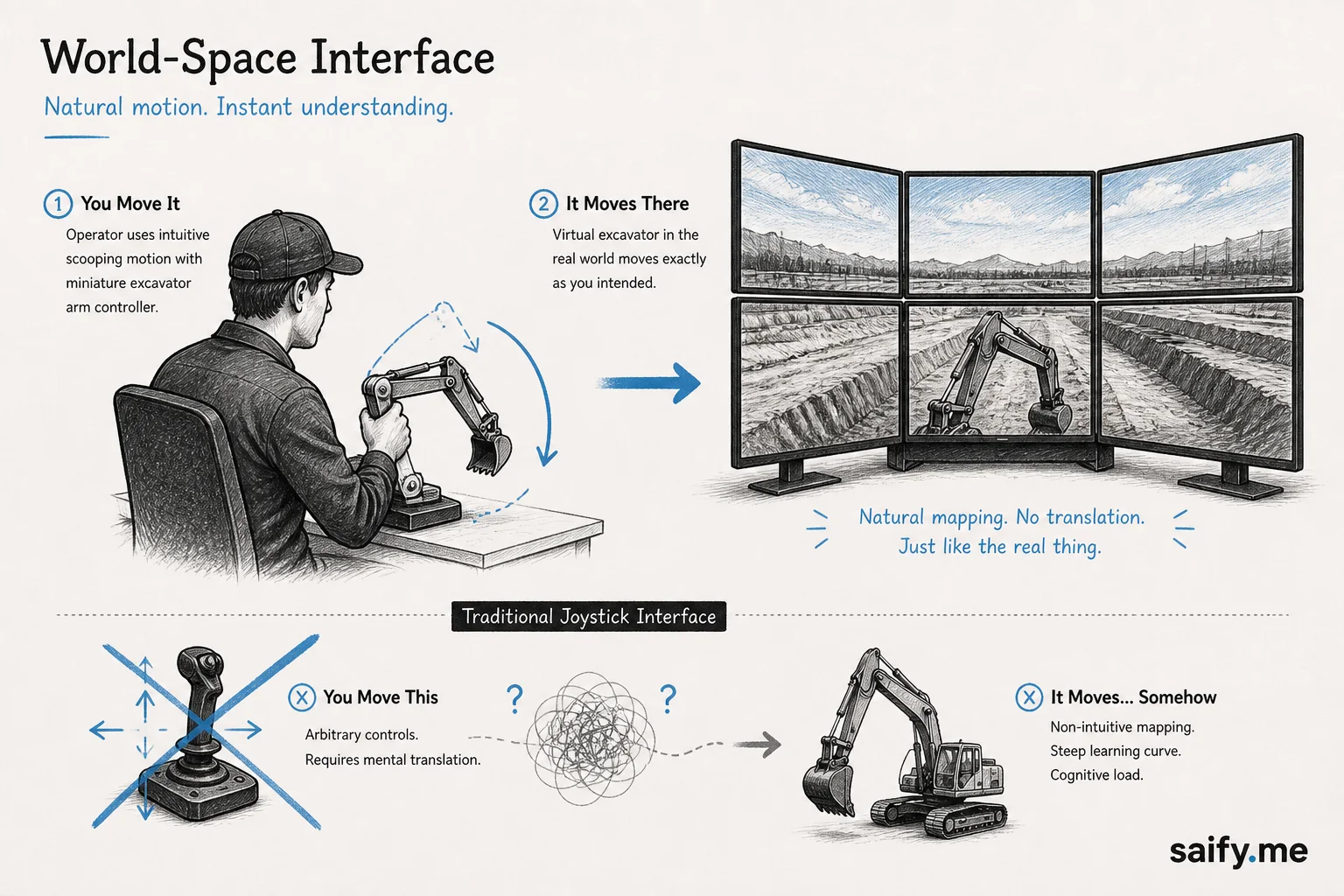 Operator using miniature arm controller with motion mirrored on virtual excavator display