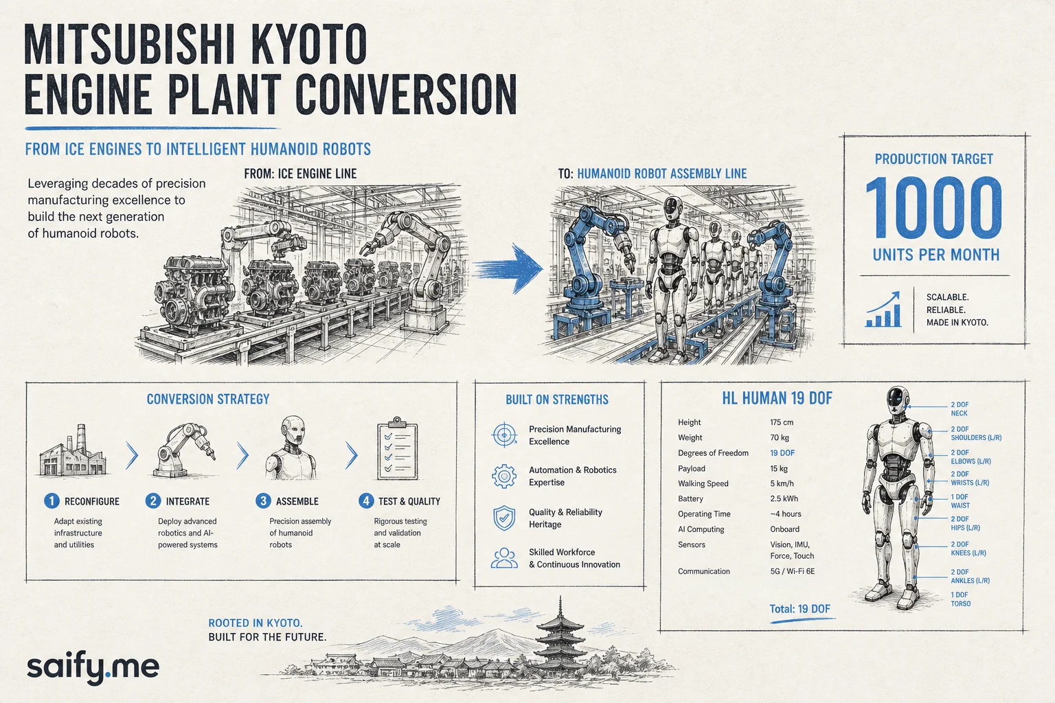 Mitsubishi Kyoto engine plant conversion diagram showing ICE line retooling for humanoid mass production at 1000 units per month