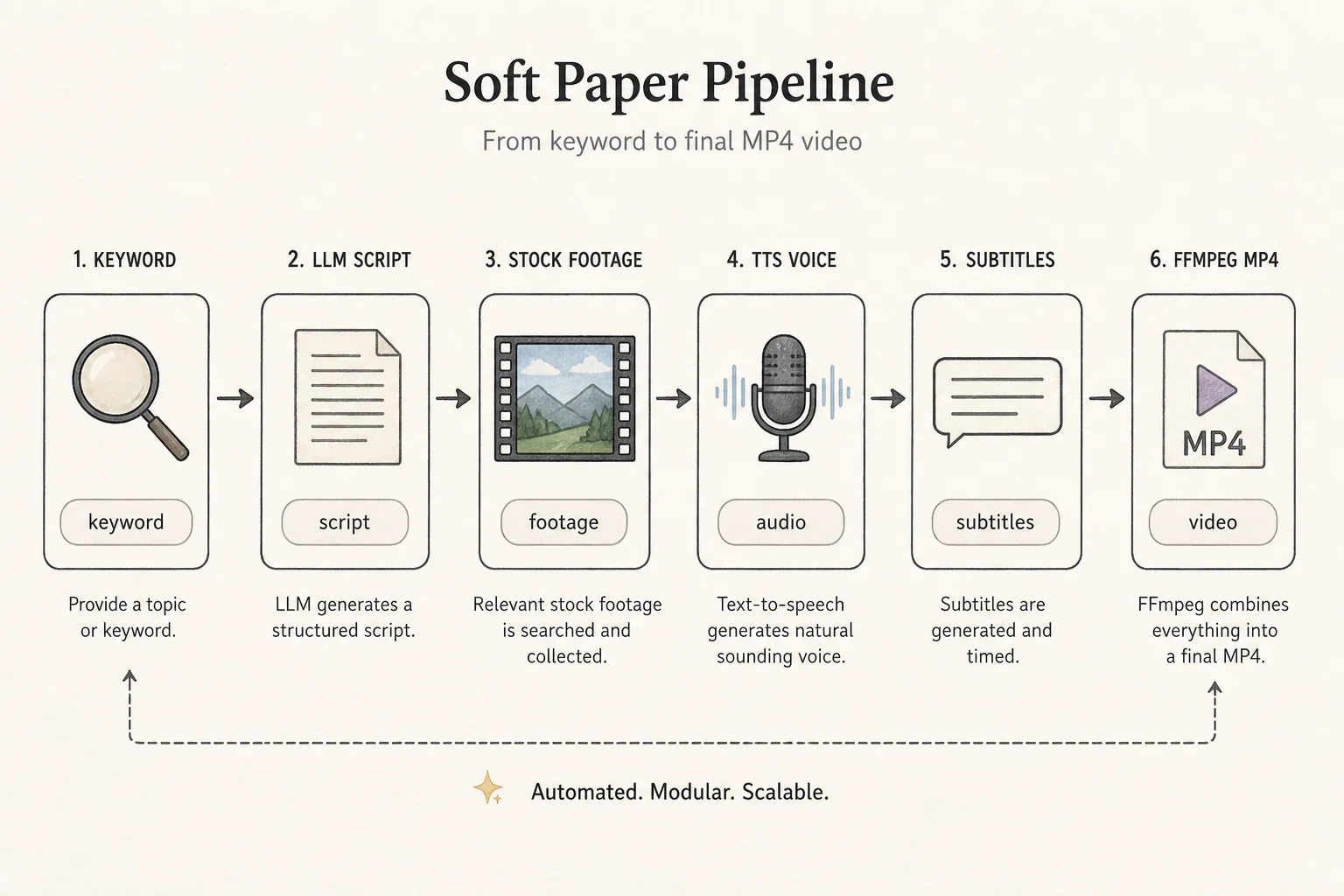 MoneyPrinterTurbo pipeline flow: keyword to script, footage, voice, subtitles, rendered MP4