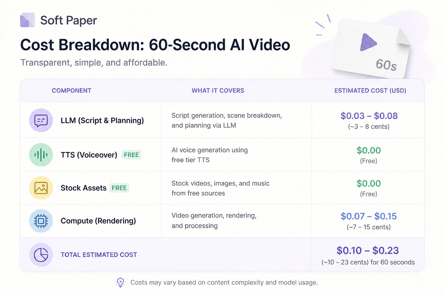 Cost breakdown table for a typical 60-second MoneyPrinterTurbo render