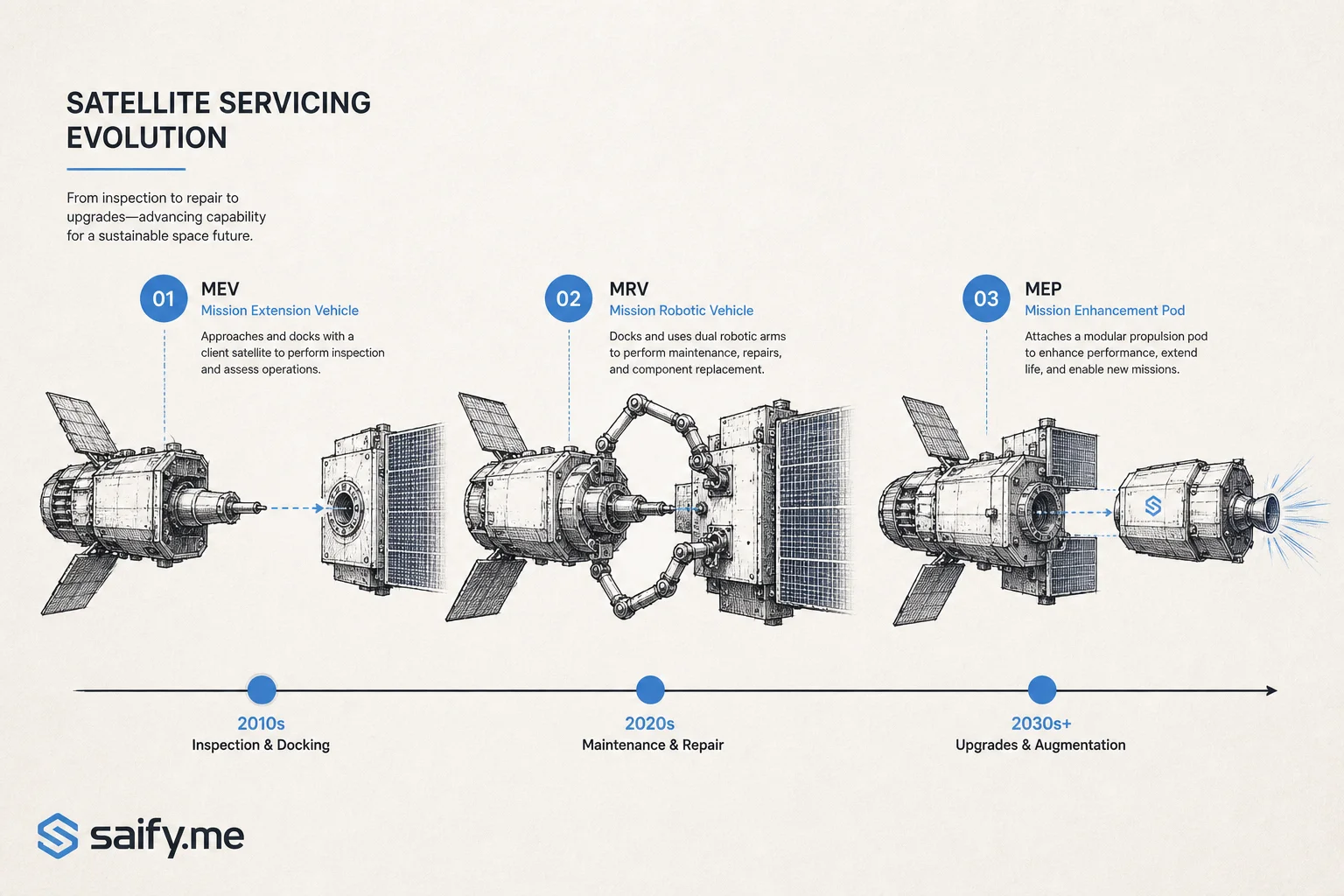 Satellite servicing evolution diagram showing MEV docking, MRV robotic arms, and MEP modular pod attachment