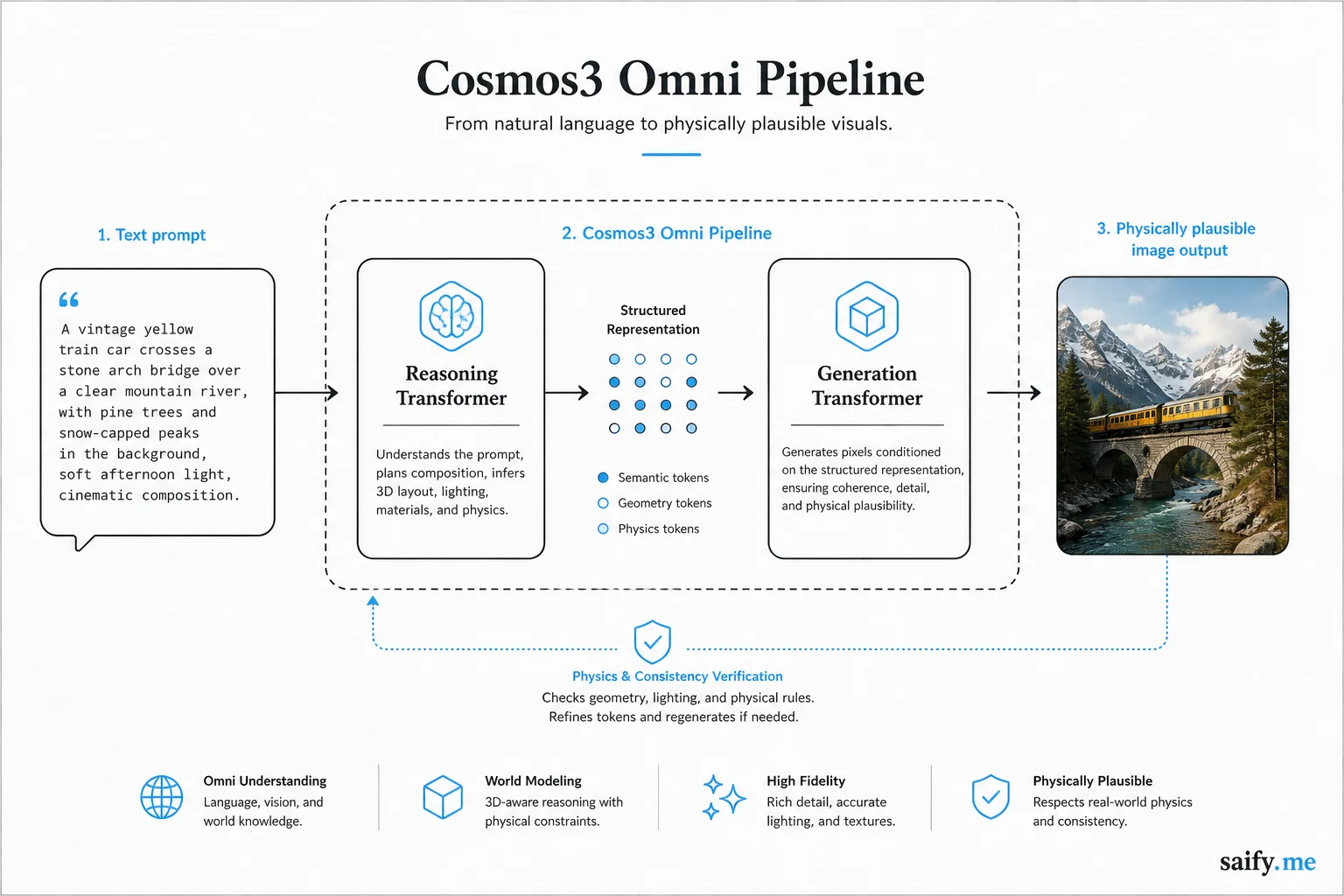 Cosmos 3 omnimodal pipeline from text prompt to physically plausible image output