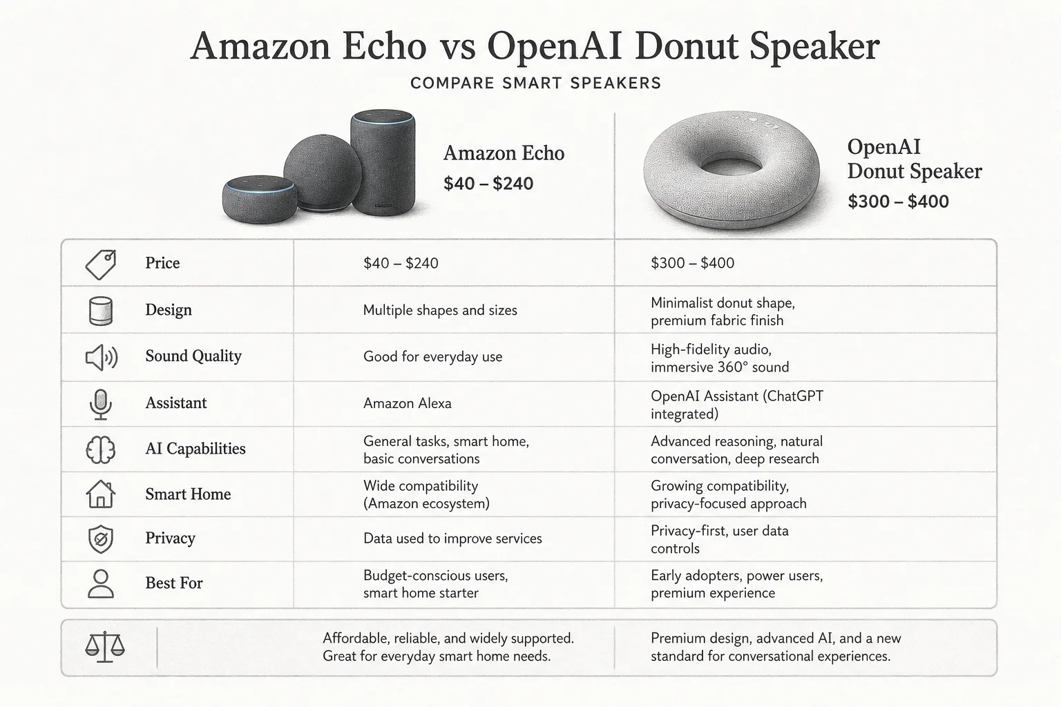 Price comparison between Amazon Echo smart speakers and OpenAI's reported $300 to $400 AI donut speaker