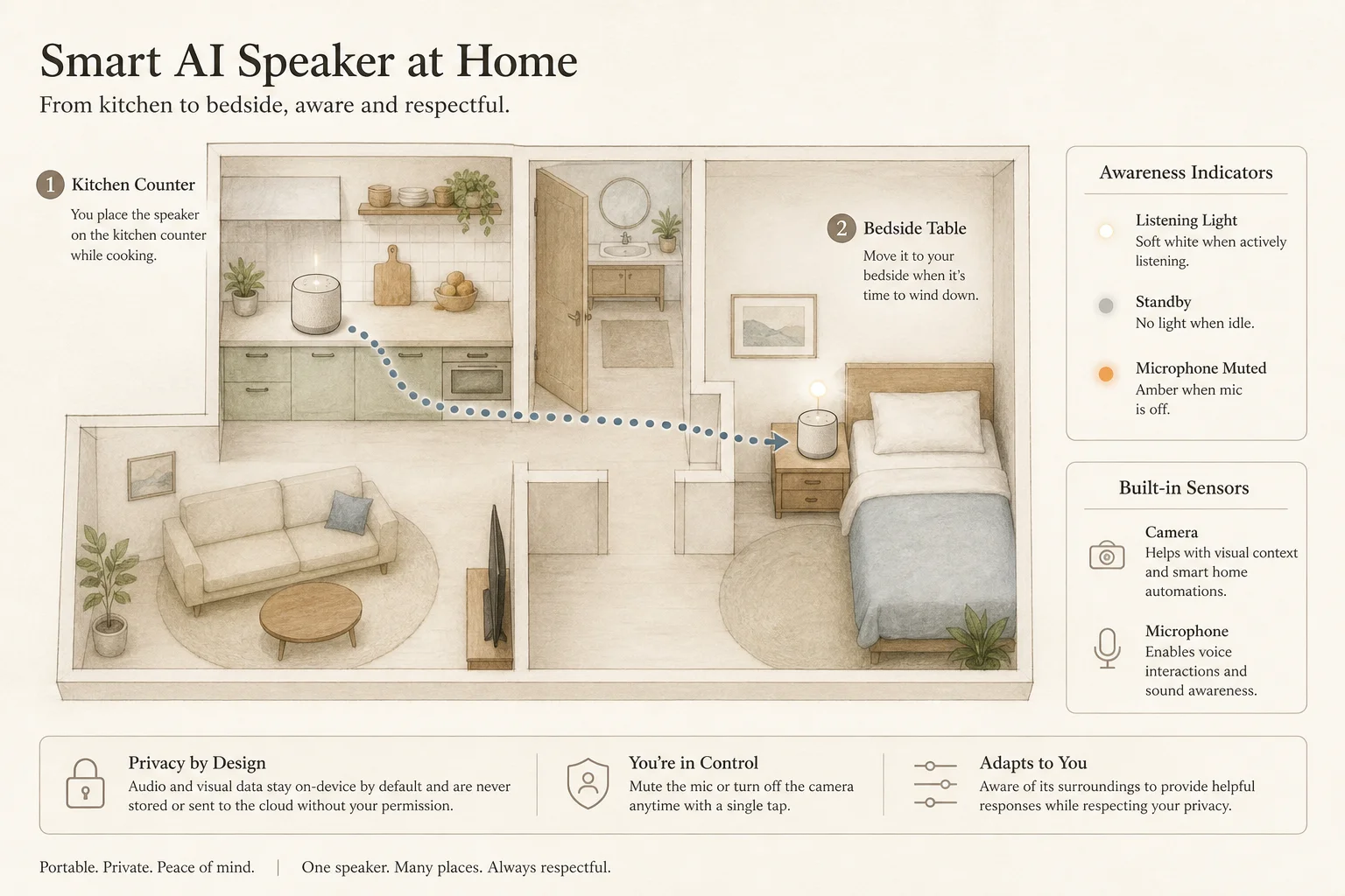 Diagram of a portable AI speaker moving between kitchen and bedroom with camera and microphone sensors active
